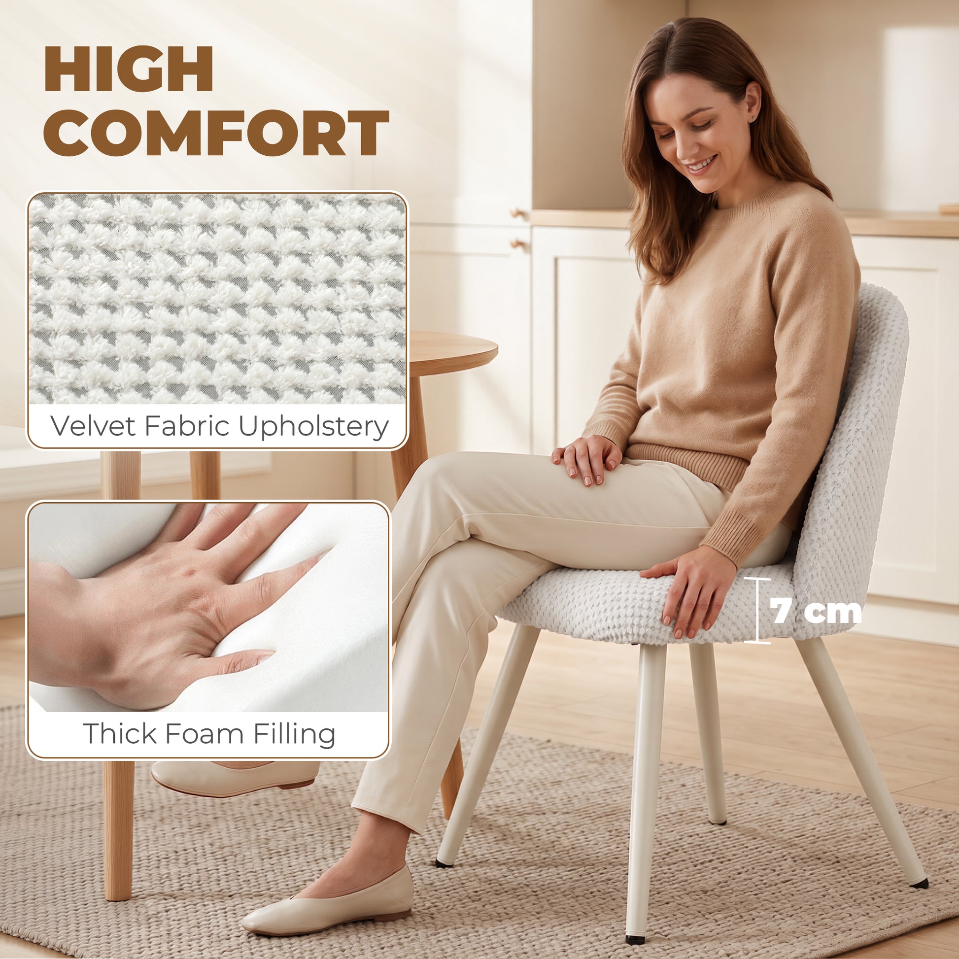 Dining Chairs Velvet Fabric Upholstered Kitchen Chairs Metal Legs Set of 2, Dining Room, Home, White-Home Furnishings > Kitchen & Dining Furniture > Dining Chairs-DECOROLALA