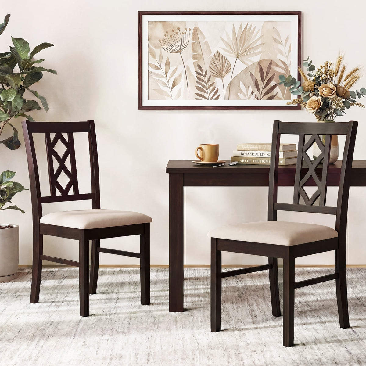 Dining Room Chairs Set of 2 Rubber Wood Dining Chairs with Hollowed Backrest-Brown-Dining Chairs-DECOROLALA