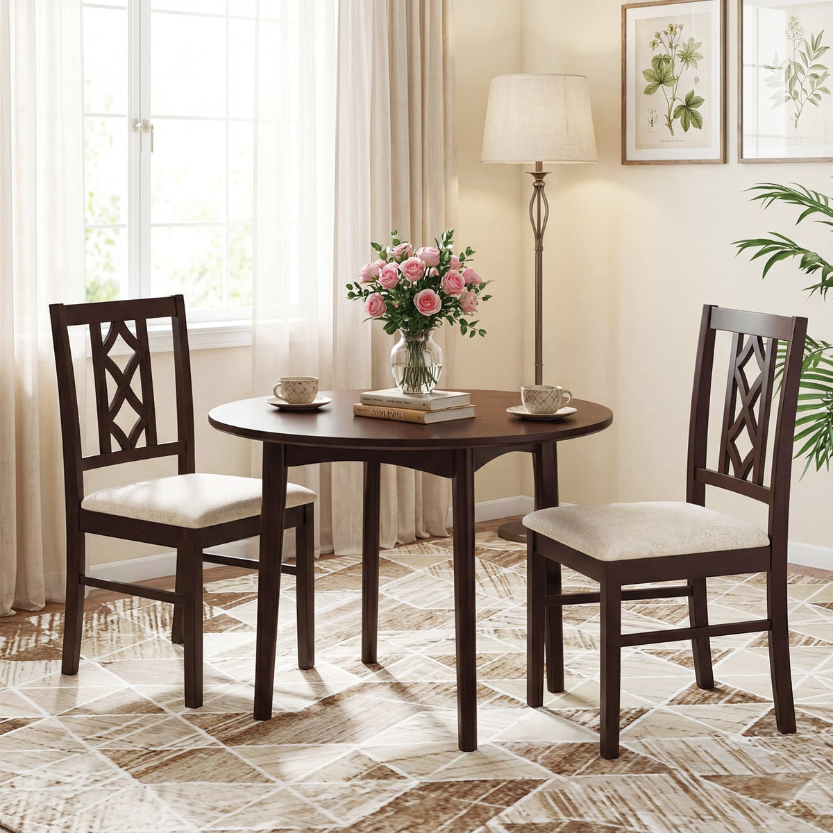 Dining Room Chairs Set of 2 Rubber Wood Dining Chairs with Hollowed Backrest-Brown-Dining Chairs-DECOROLALA