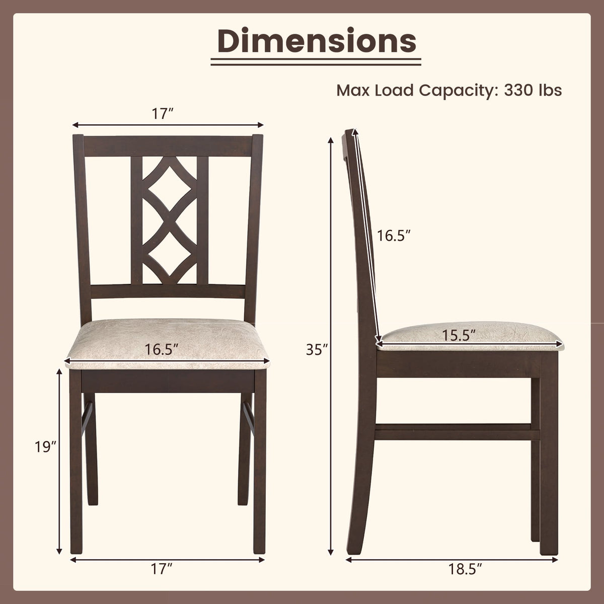 Dining Room Chairs Set of 2 Rubber Wood Dining Chairs with Hollowed Backrest-Brown-Dining Chairs-DECOROLALA