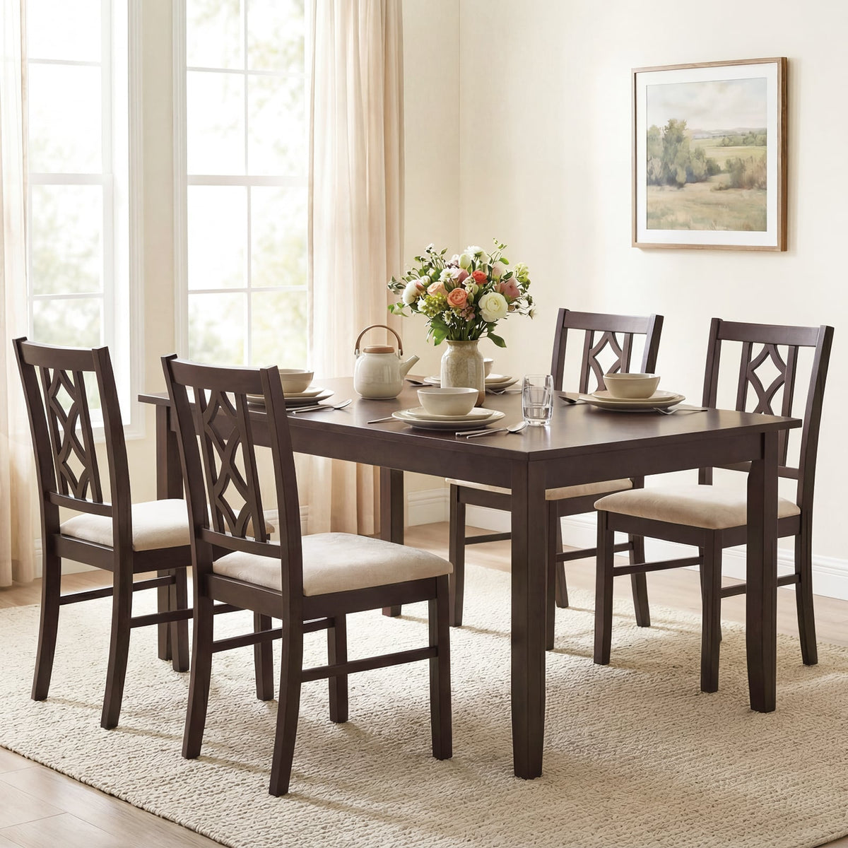 Dining Room Chairs Set of 2 Rubber Wood Dining Chairs with Hollowed Backrest-Brown-Dining Chairs-DECOROLALA
