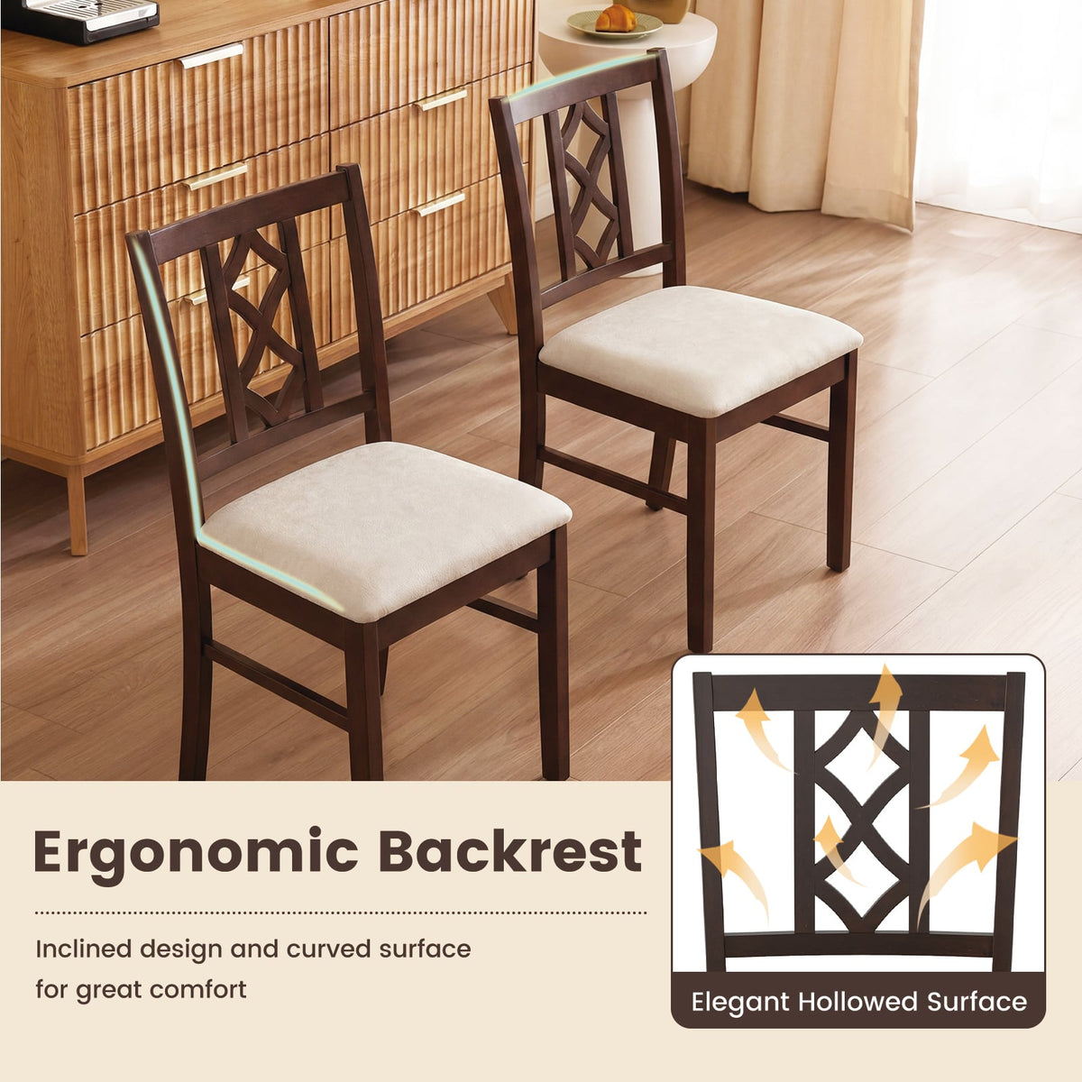 Dining Room Chairs Set of 2 Rubber Wood Dining Chairs with Hollowed Backrest-Brown-Dining Chairs-DECOROLALA