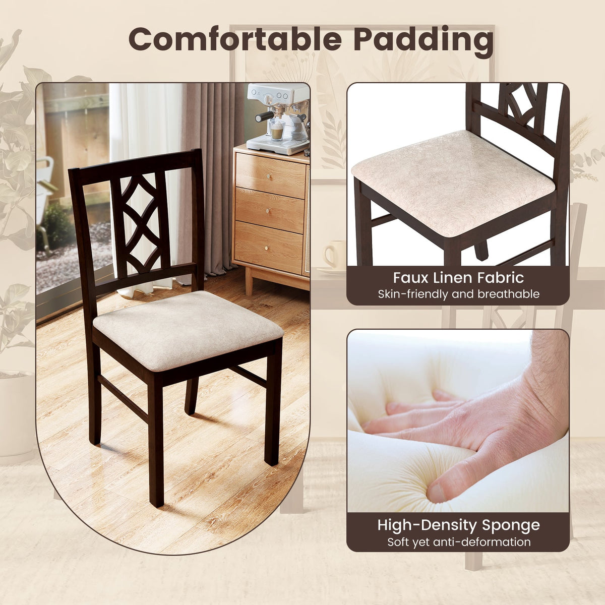 Dining Room Chairs Set of 2 Rubber Wood Dining Chairs with Hollowed Backrest-Brown-Dining Chairs-DECOROLALA