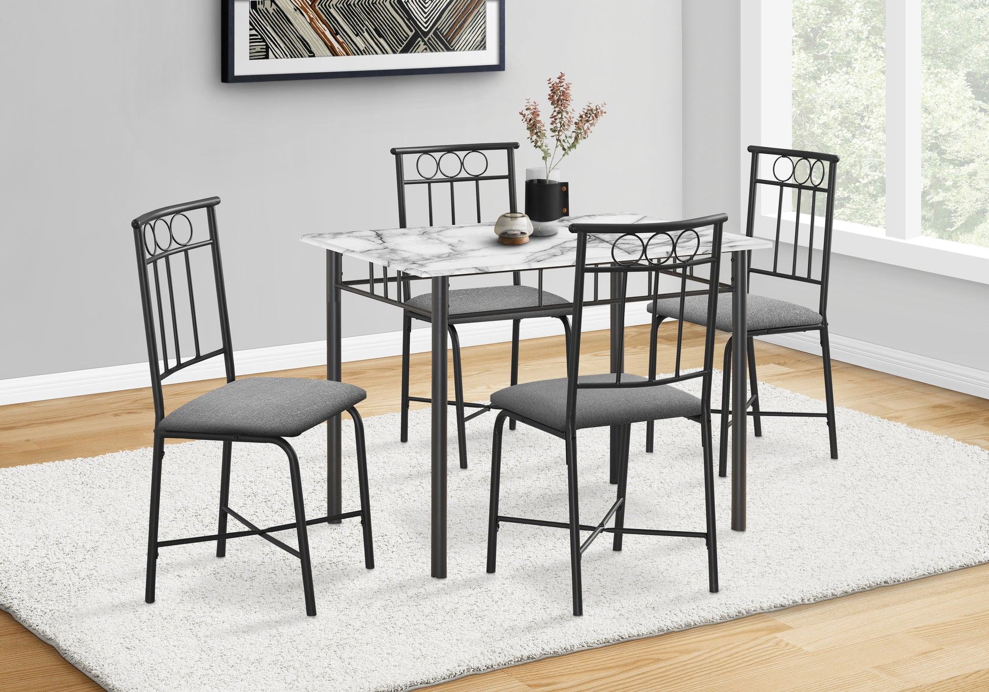Dining Set 5-Piece 40" Marble Top Black Metal-Dining Set-DECOROLALA