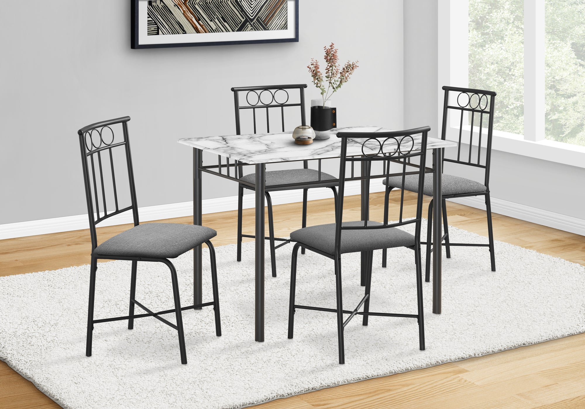 Dining Set 5-Piece 40" Marble Top Black Metal-Dining Set-DECOROLALA