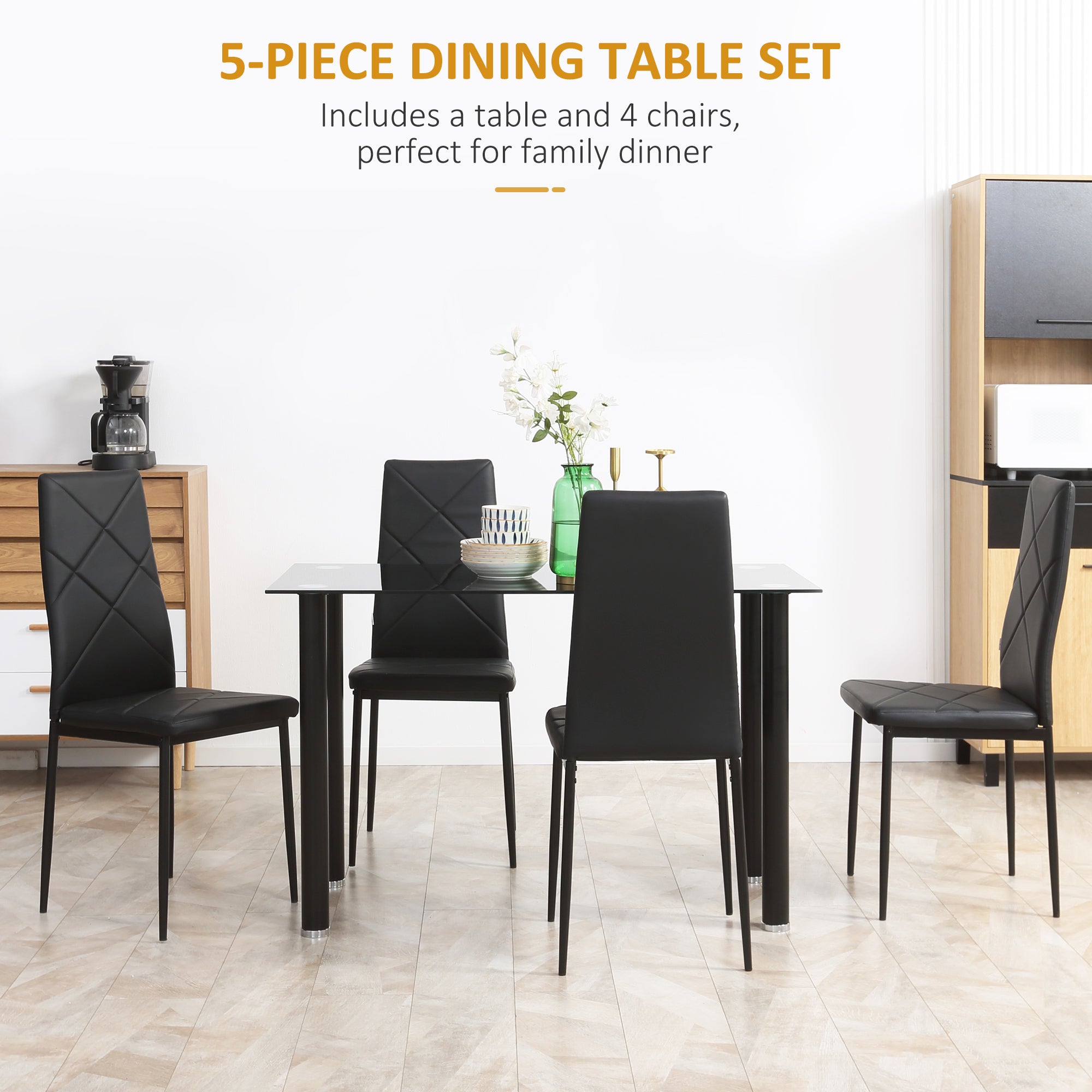 Dining Table Set 5-Piece Black Glass-DECOROLALA