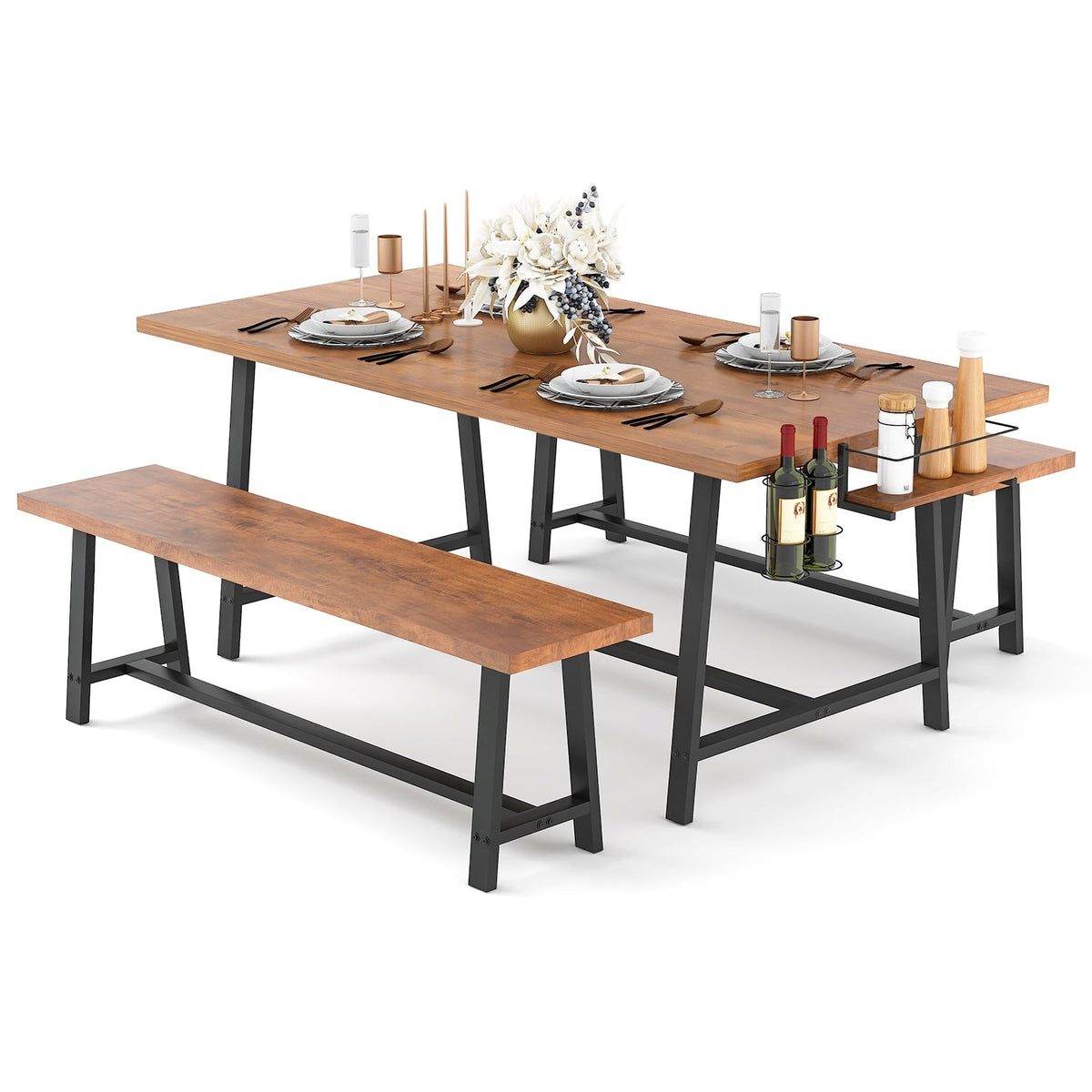 Dining Table Set for 5-7 with 2-Bottle Wine Rack and Condiment Holder-Dining Room Sets-DECOROLALA
