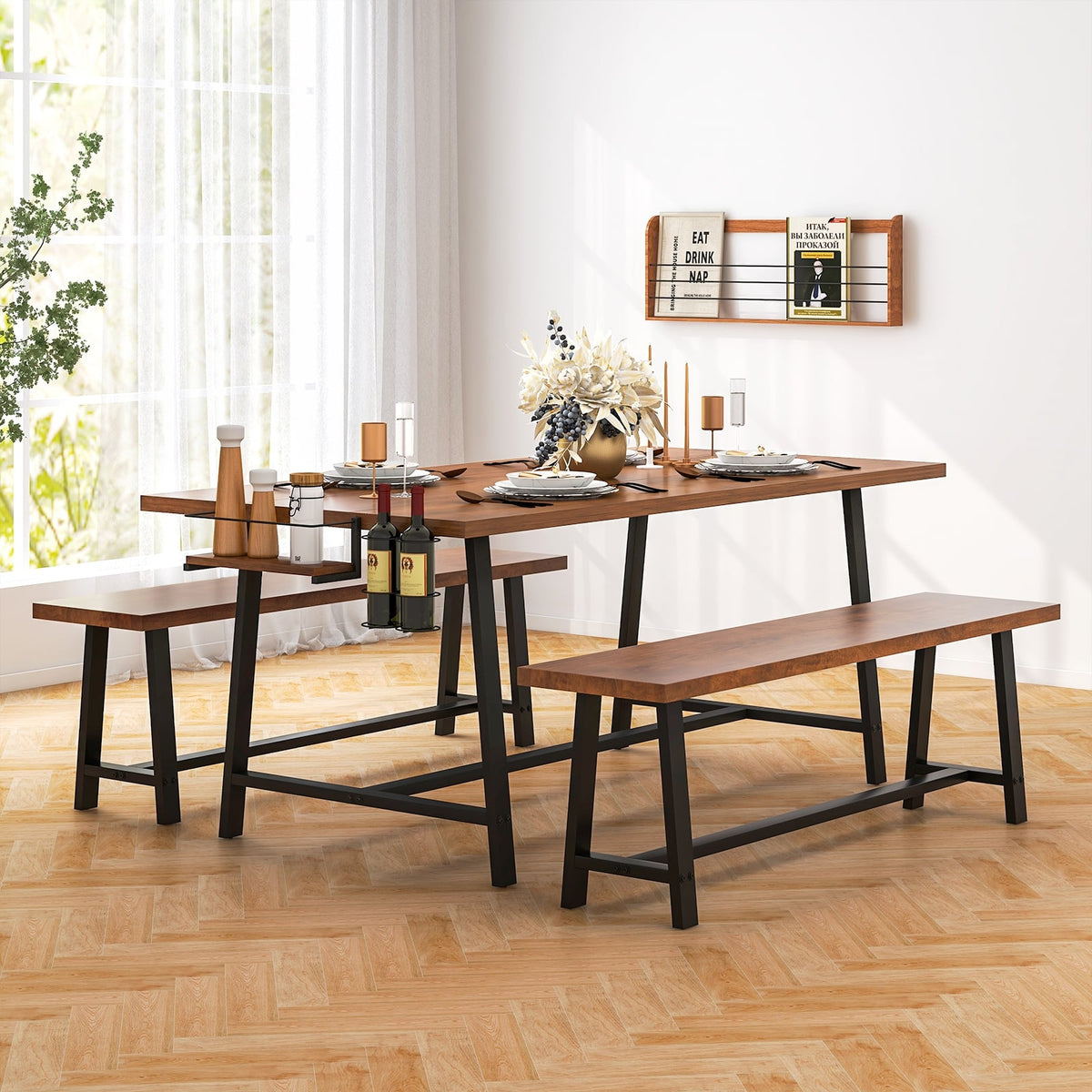 Dining Table Set for 5-7 with 2-Bottle Wine Rack and Condiment Holder-Dining Room Sets-DECOROLALA