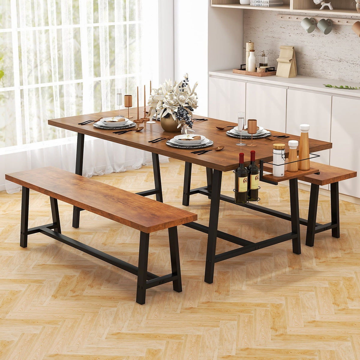 Dining Table Set for 5-7 with 2-Bottle Wine Rack and Condiment Holder-Dining Room Sets-DECOROLALA