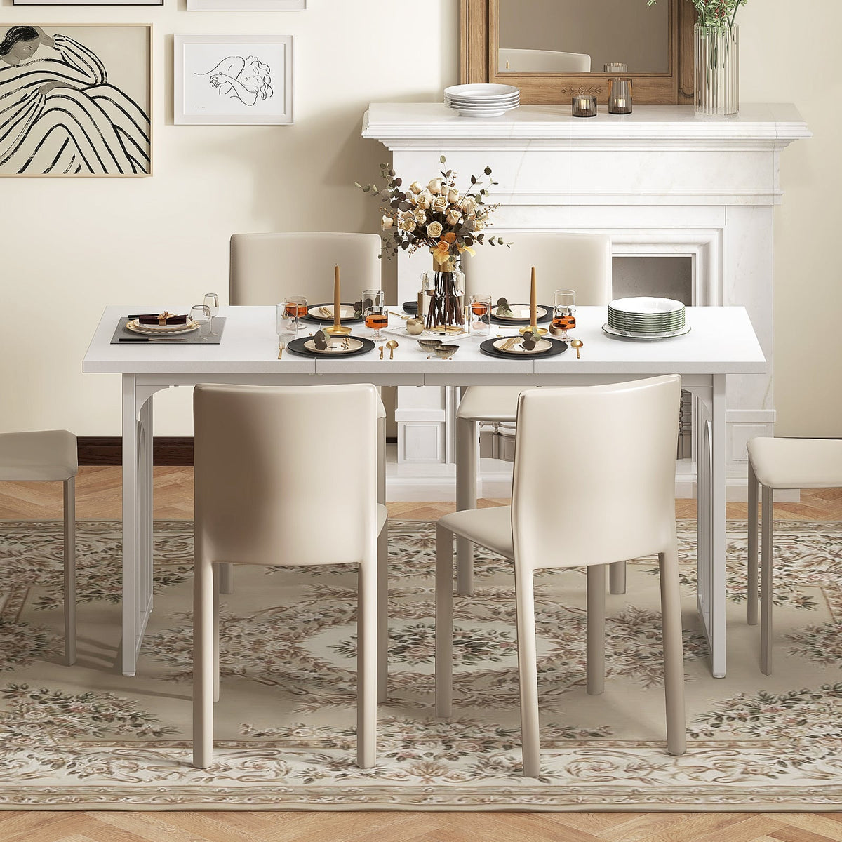 Dining Table for 6-8 People 63 Inch Rectangular Farmhouse Kitchen Table-White-Dining Tables-DECOROLALA