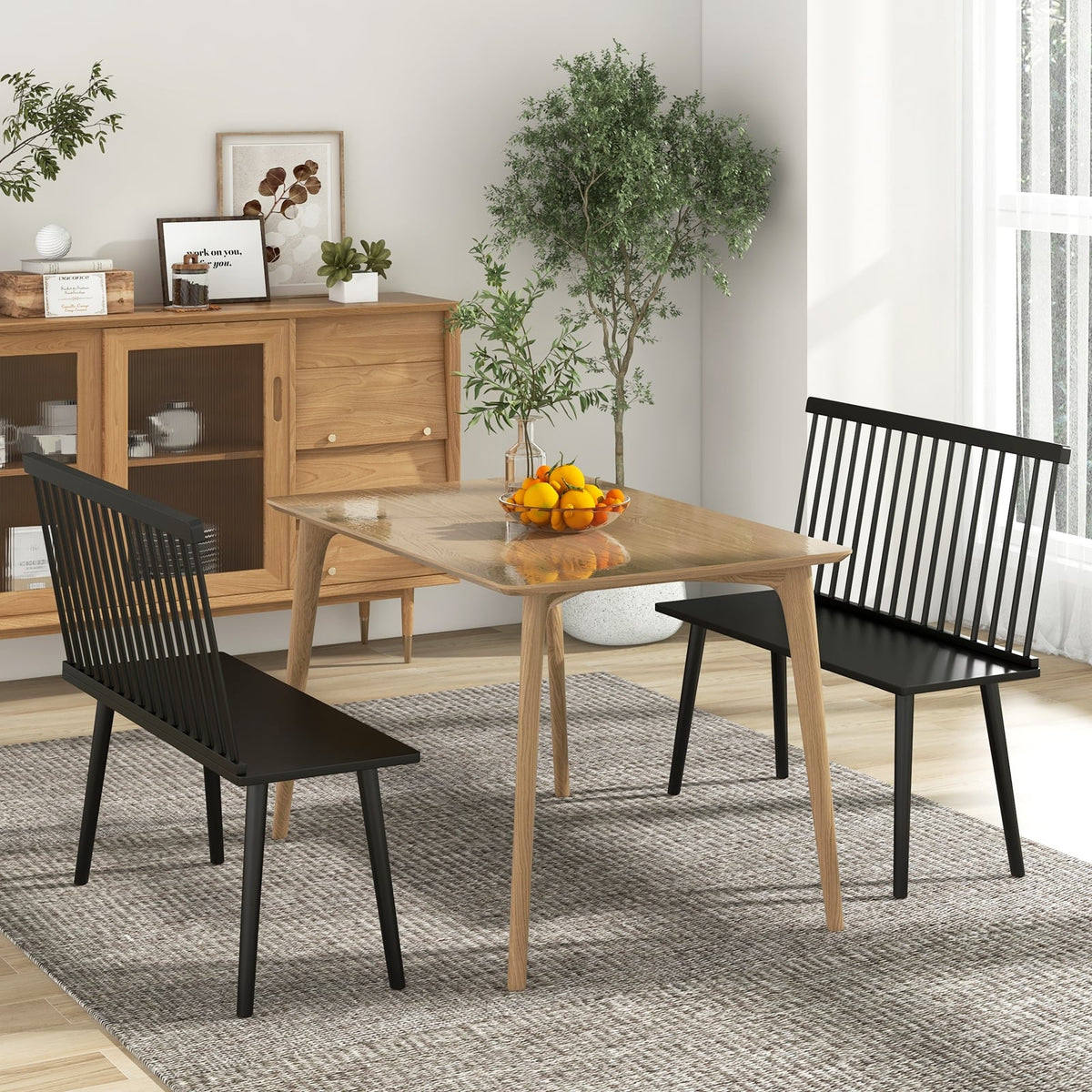 Dining Windsor Bench with Spindle Back and Anti-Slip Foot Pads-Black-Dining Chairs-DECOROLALA