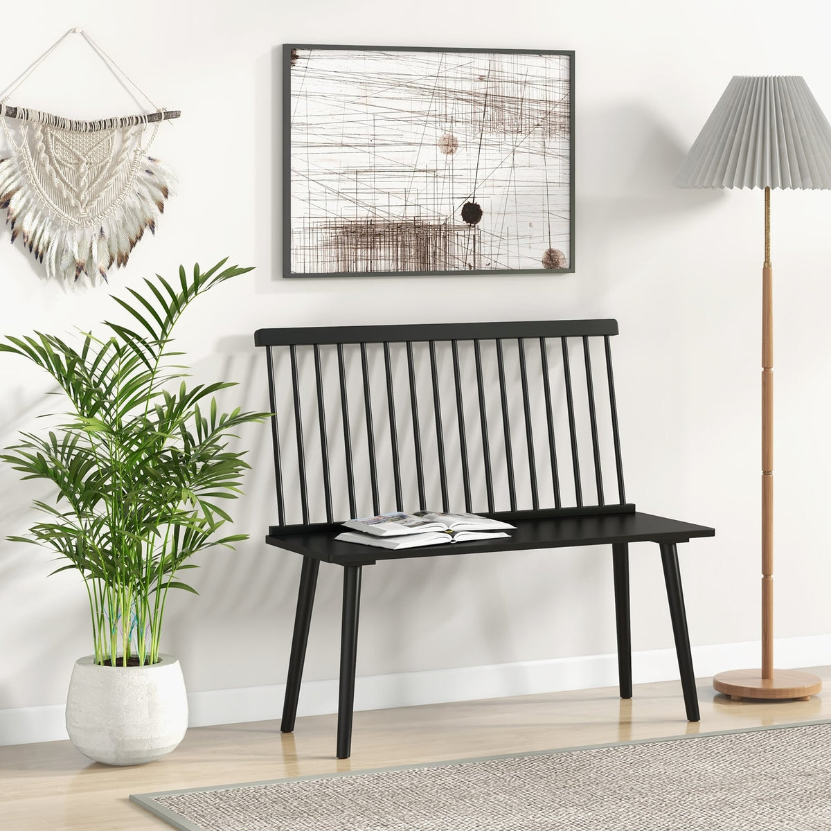 Dining Windsor Bench with Spindle Back and Anti-Slip Foot Pads-Black-Dining Chairs-DECOROLALA