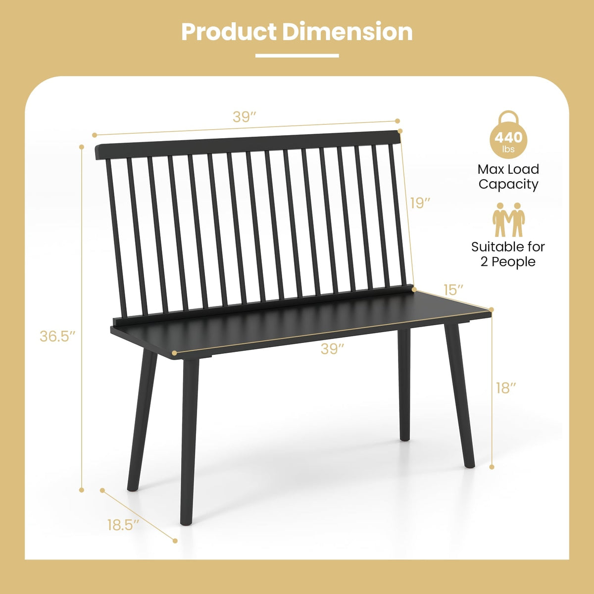 Dining Windsor Bench with Spindle Back and Anti-Slip Foot Pads-Black-Dining Chairs-DECOROLALA