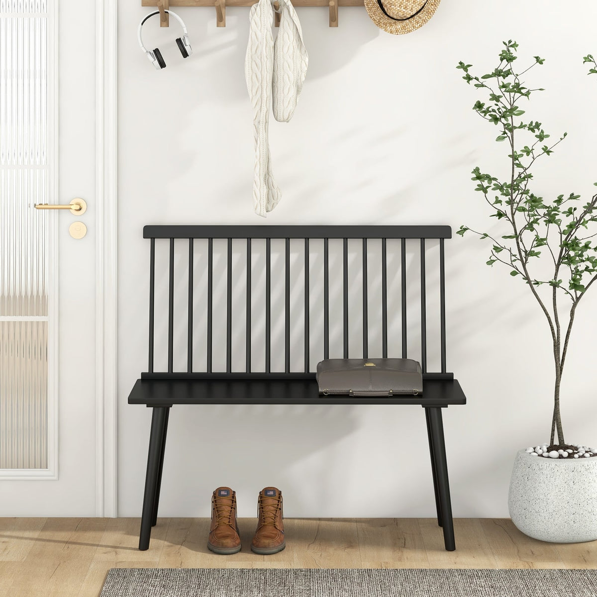 Dining Windsor Bench with Spindle Back and Anti-Slip Foot Pads-Black-Dining Chairs-DECOROLALA