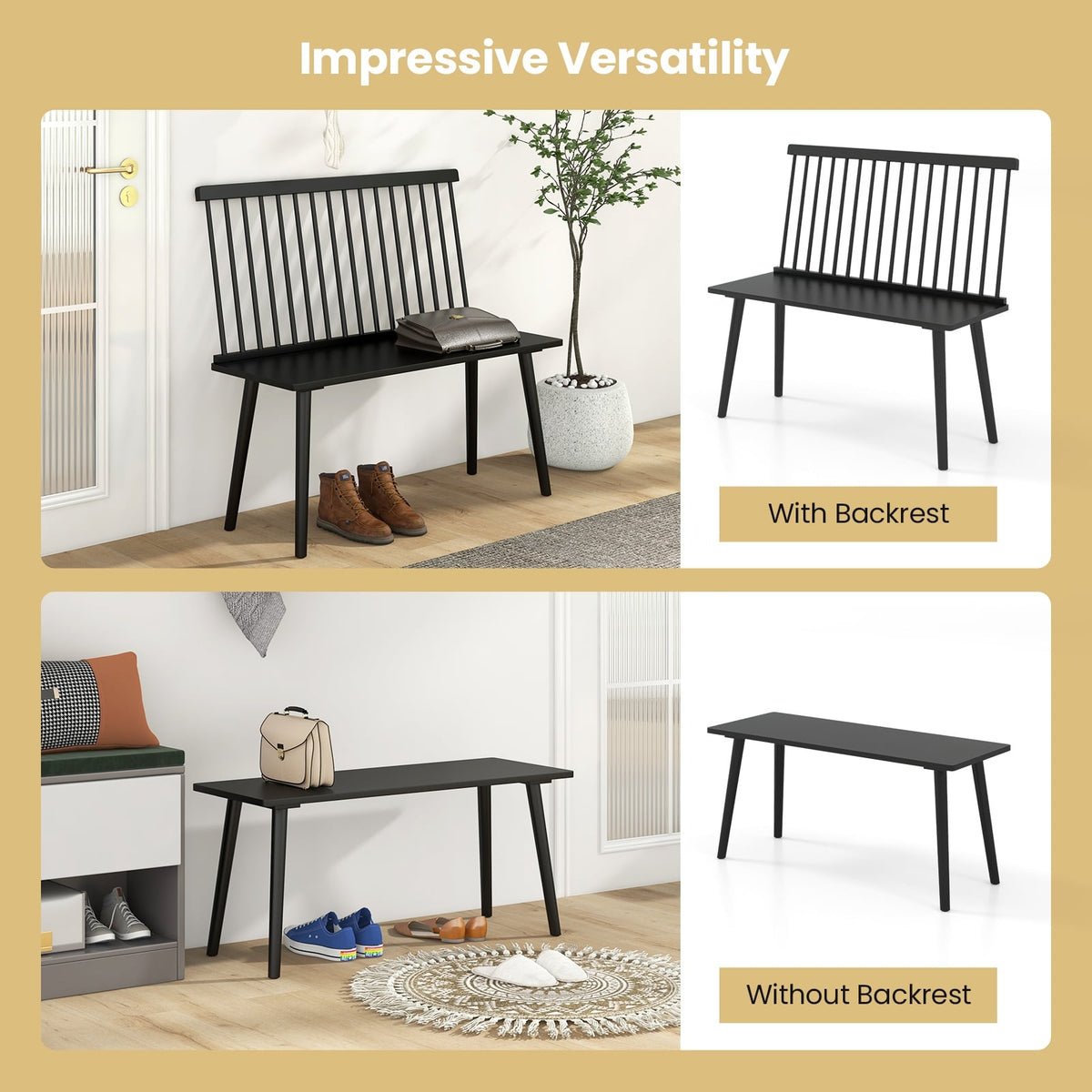 Dining Windsor Bench with Spindle Back and Anti-Slip Foot Pads-Black-Dining Chairs-DECOROLALA