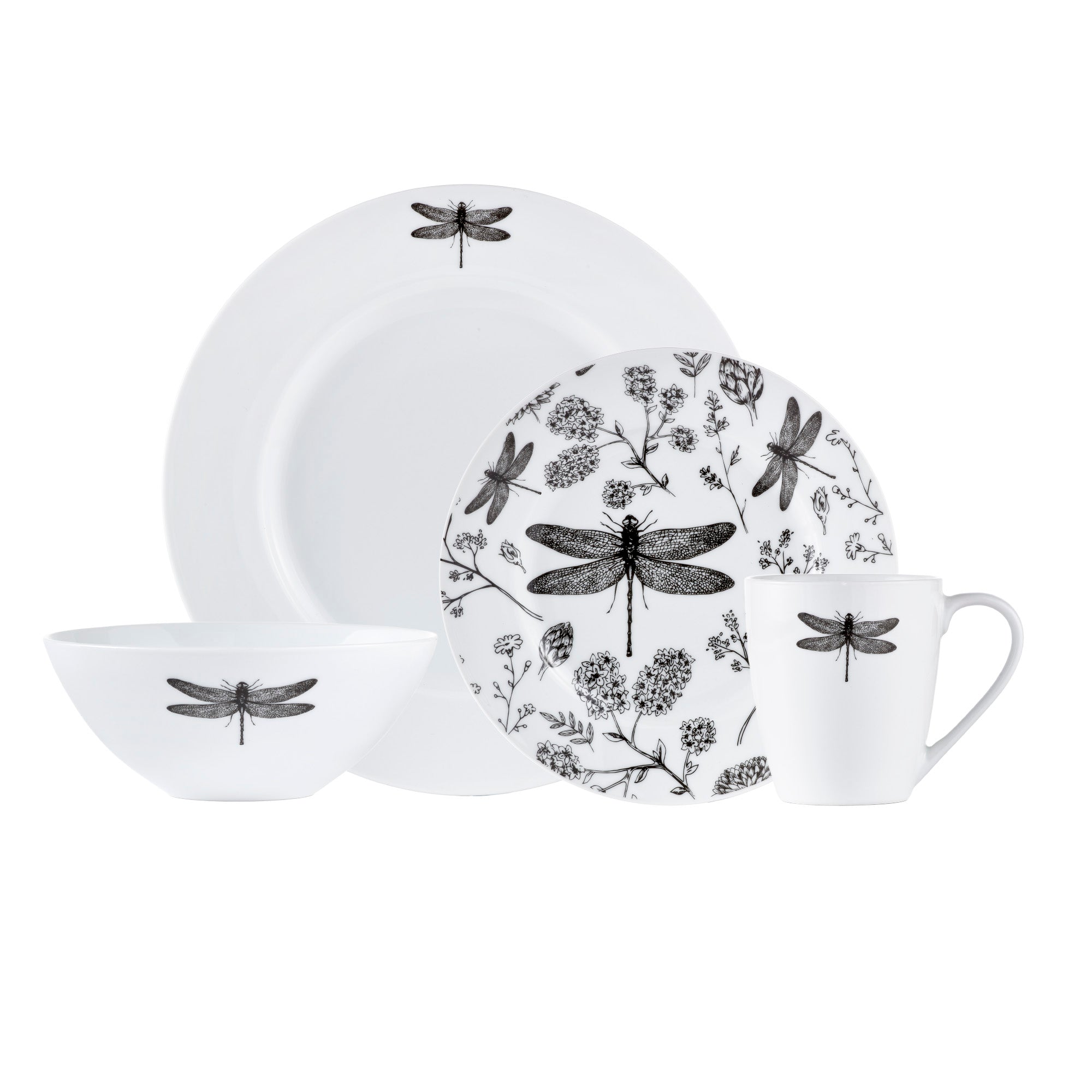Dinnerware Set 16pc Porcelain Dragonfly Black White-Dinnerware-DECOROLALA