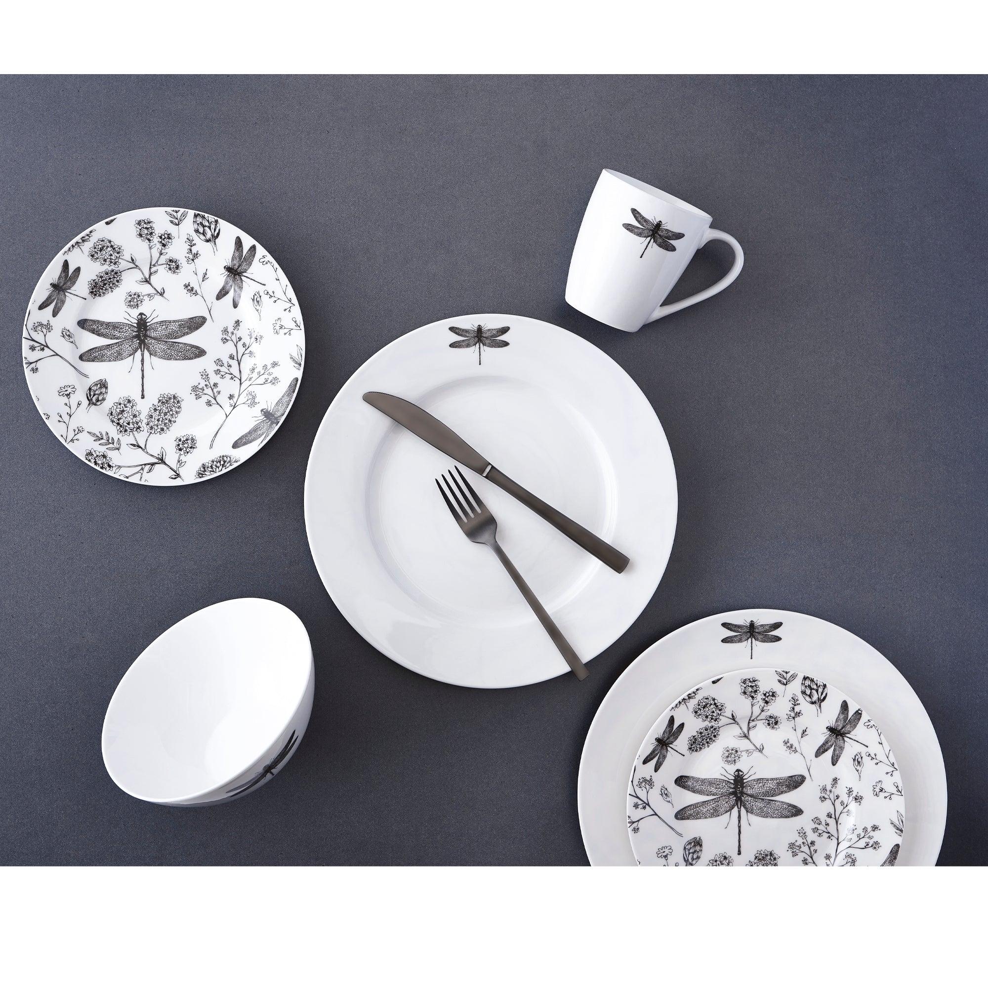 Dinnerware Set 16pc Porcelain Dragonfly Black White-Dinnerware-DECOROLALA