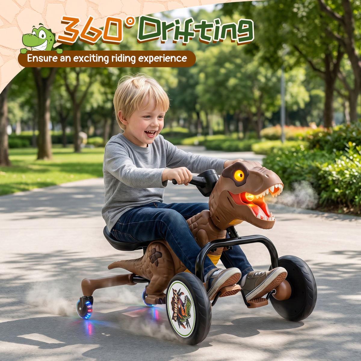 Dinosaur Drift Tricycle with Lights and Spray and 360-Degree Spin Mode