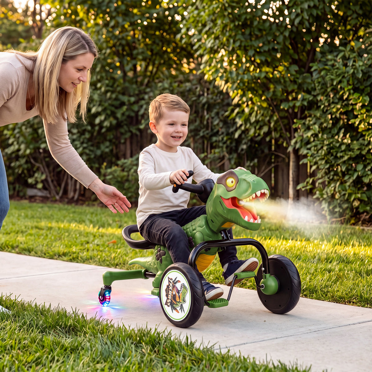 Dinosaur Drift Tricycle with Lights and Spray and 360-Degree Spin Mode