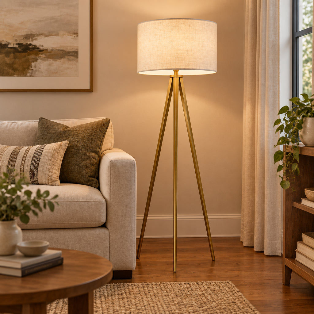 Director Floor Lamp - Brass Tripod Off-White Shade-Lighting-DECOROLALA