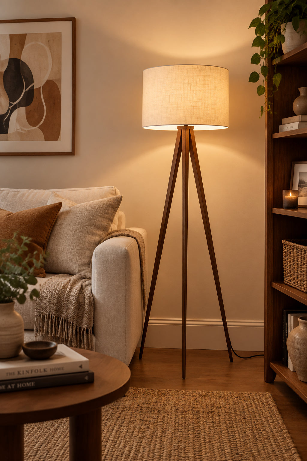 Director Floor Lamp - Walnut Tripod Off-White Shade-Lighting-DECOROLALA