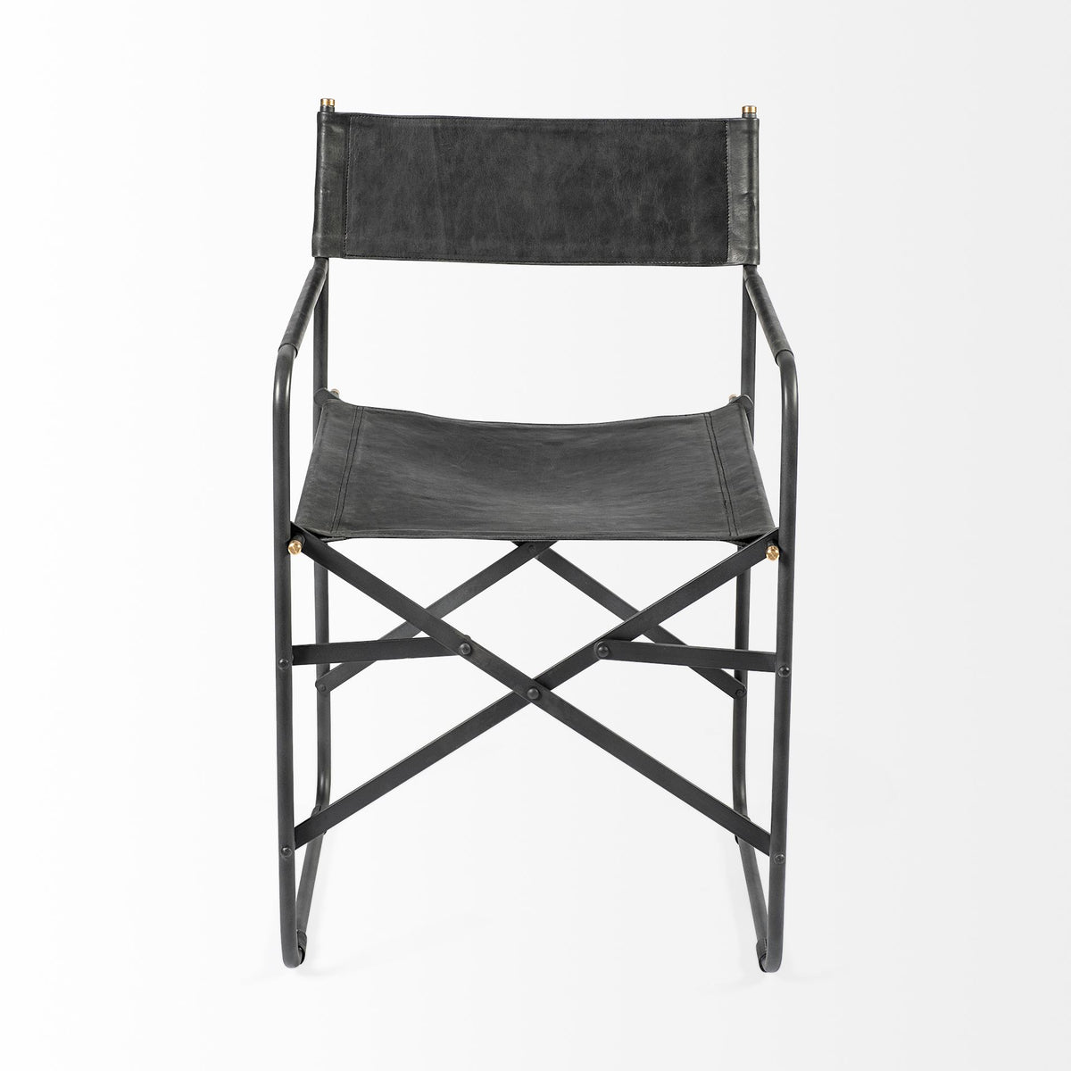 Direttore Curved Back Dining Side Chair | Black Leather w/ Black Iron-Dining Chairs-DECOROLALA