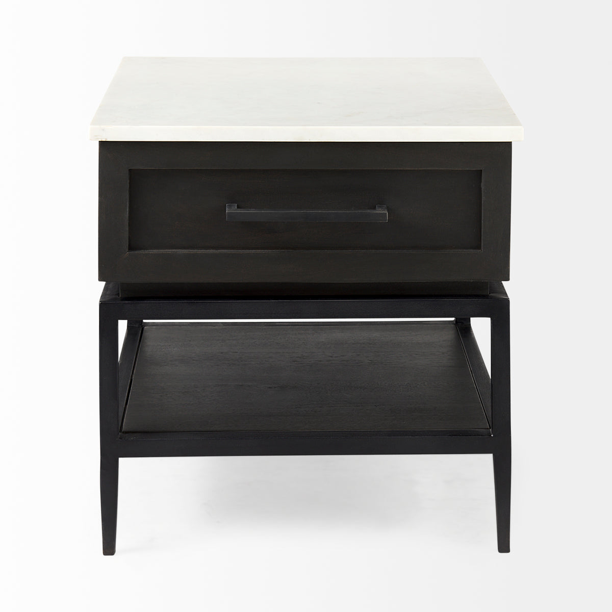 Divina Black-Brown Wood w/ White Marble Top and Black Metal Base 1 Drawer Side Table-End and Side Tables-DECOROLALA