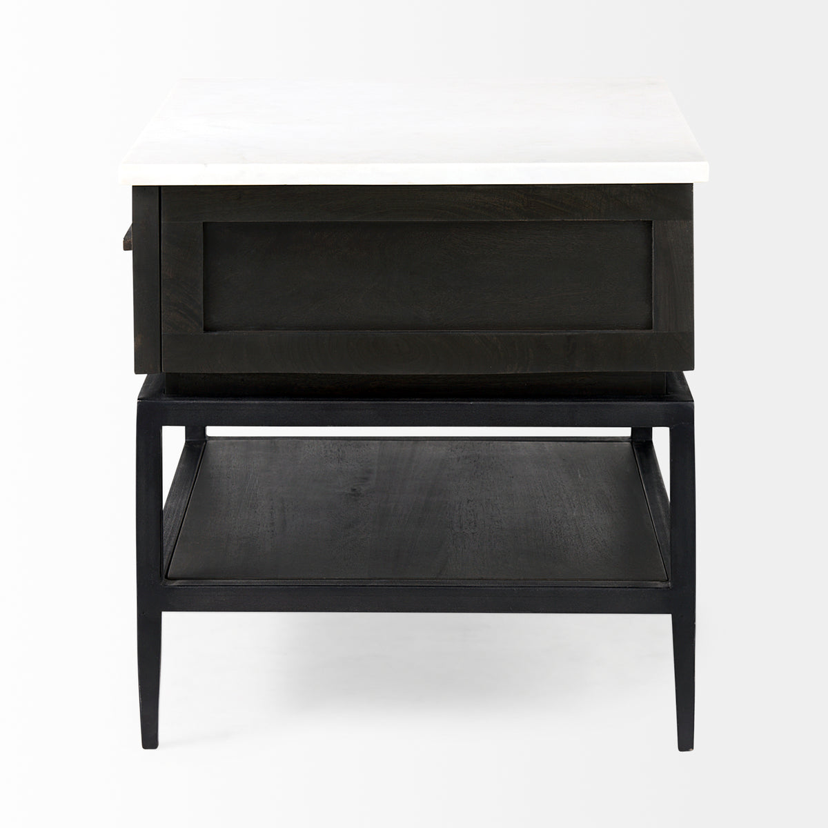 Divina Black-Brown Wood w/ White Marble Top and Black Metal Base 1 Drawer Side Table-End and Side Tables-DECOROLALA