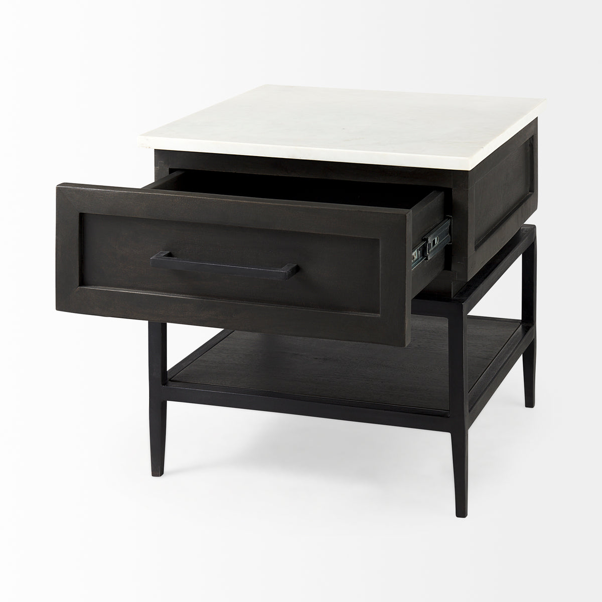 Divina Black-Brown Wood w/ White Marble Top and Black Metal Base 1 Drawer Side Table-End and Side Tables-DECOROLALA