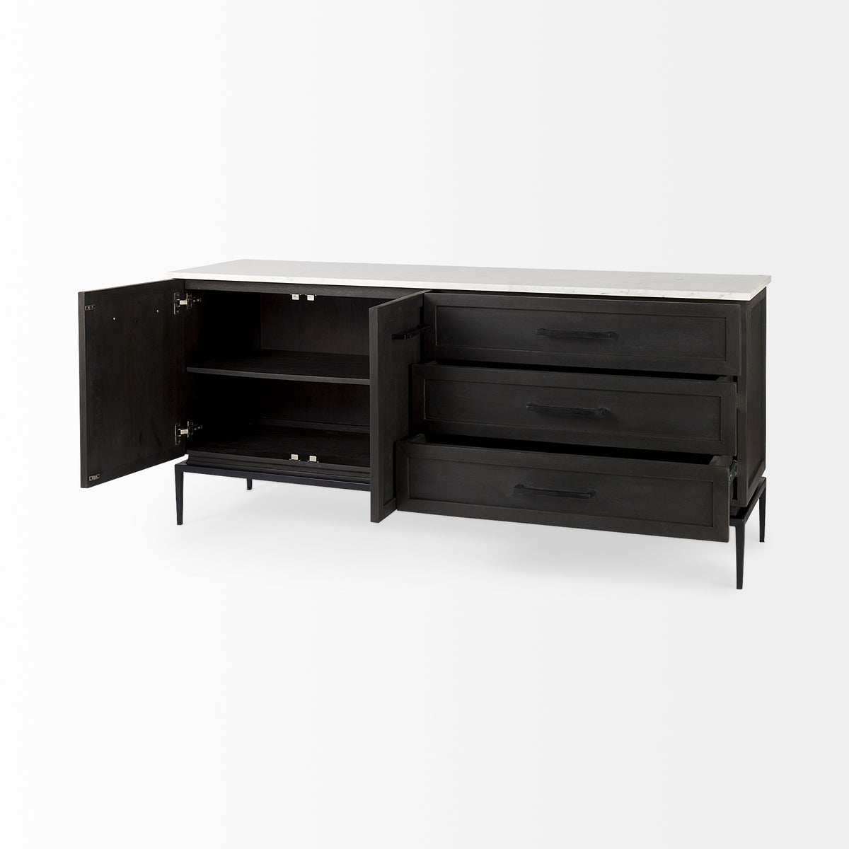 Divina Black-Brown Wood w/ White Marble Top and Black Metal Base Sideboard-Sideboards & Buffets-DECOROLALA