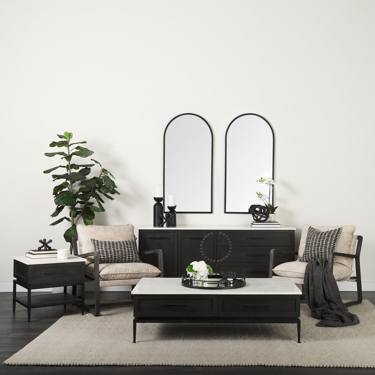 Divina Black-Brown Wood w/ White Marble Top and Black Metal Base Sideboard-Sideboards & Buffets-DECOROLALA