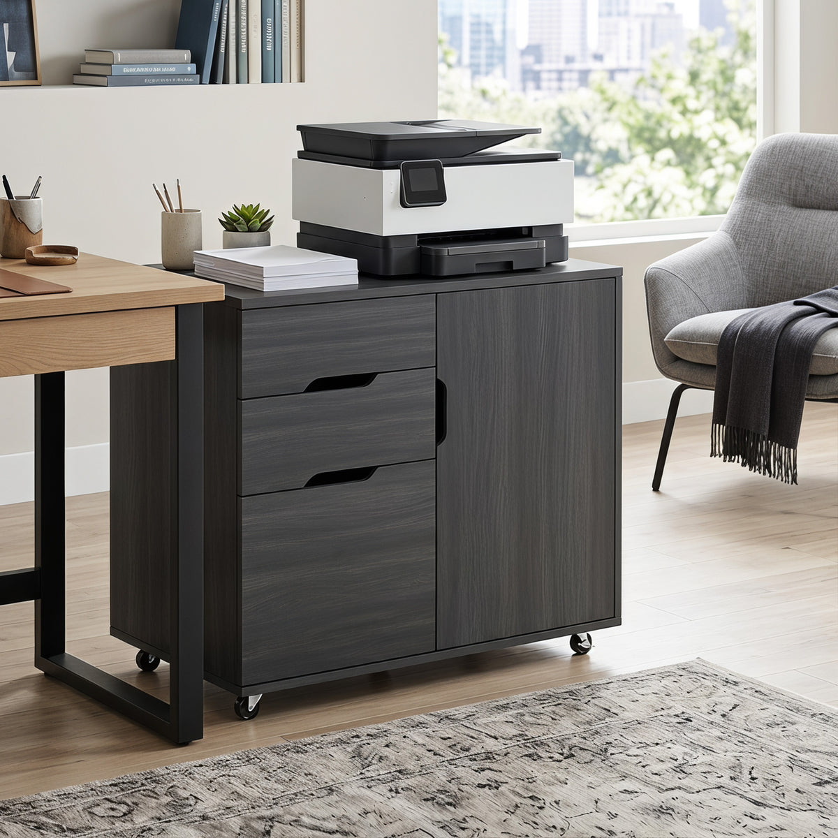 3-Drawer Filing Cabinet with Adjustable Shelf - Black Wood Grain