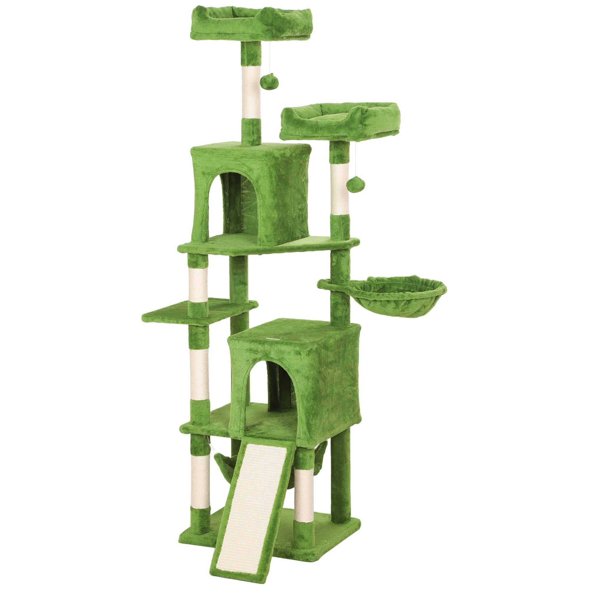 Cat Tree, 70" Multi-Level Cat Tower with 2 Condos, 2 Perches, Hammock, Toy Balls, Scratching Posts and Board, Green