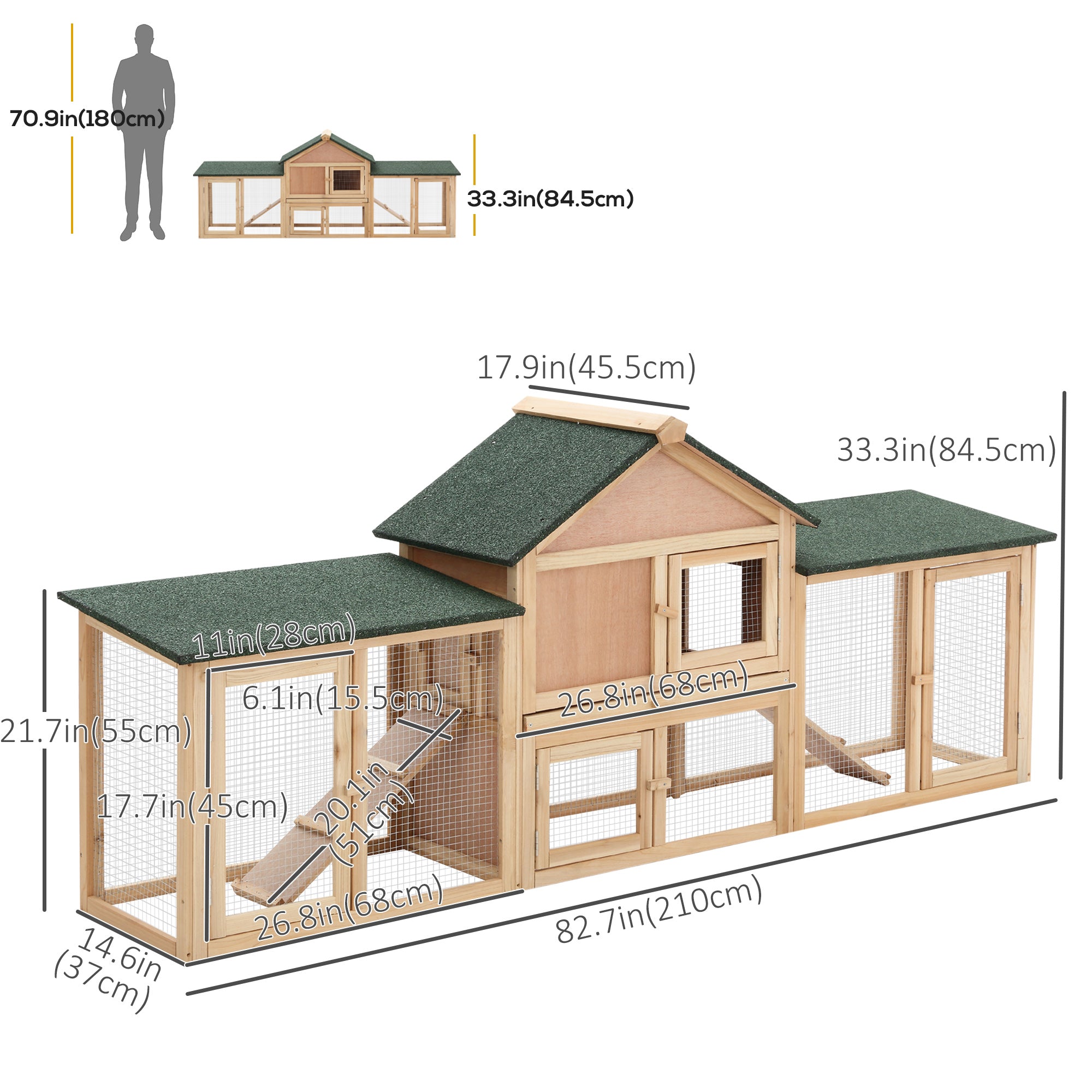 Large Rabbit Hutch Wood Bunny Cage Outdoor Guinea Pig House with Double Runs Slide Out Tray Ramps, 83"x18"x33", Natural