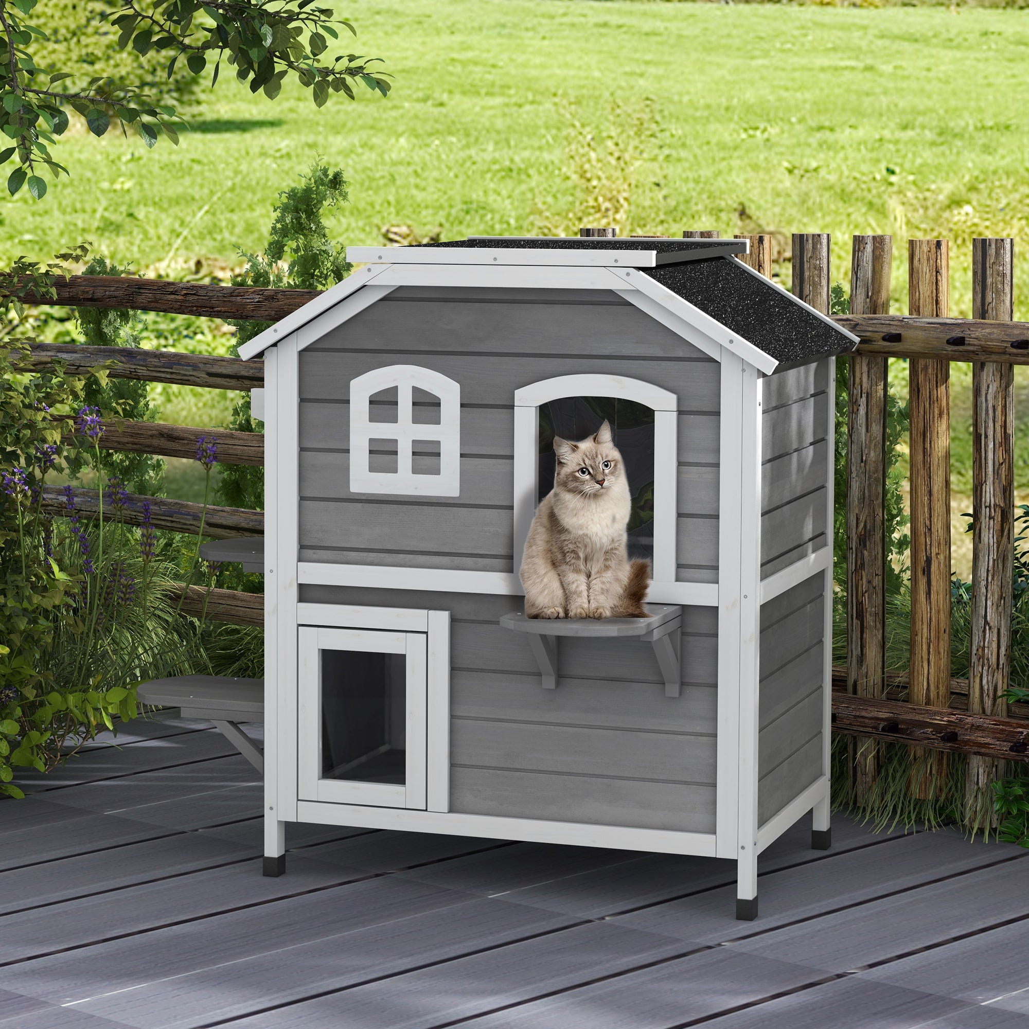 2-Storey Outdoor Cat House, Wooden Catio with Openable Roof, Lounge Space, Fun Entrances, for Feral Cats, Grey