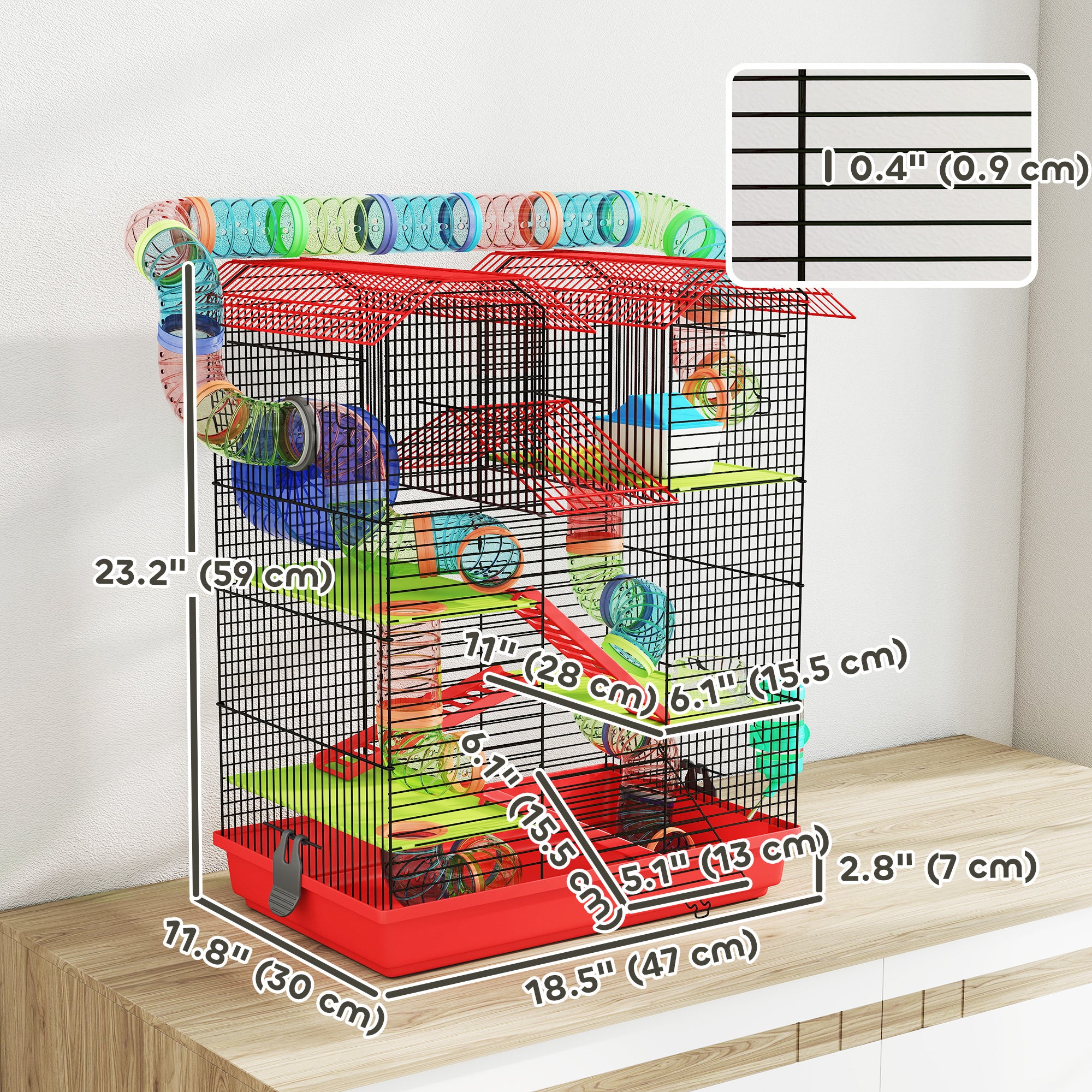 18.5" Hamster Cage, 5 Tiers Small Animal House with Tunnel Tube System, Exercise Wheel, Water Bottle, Red