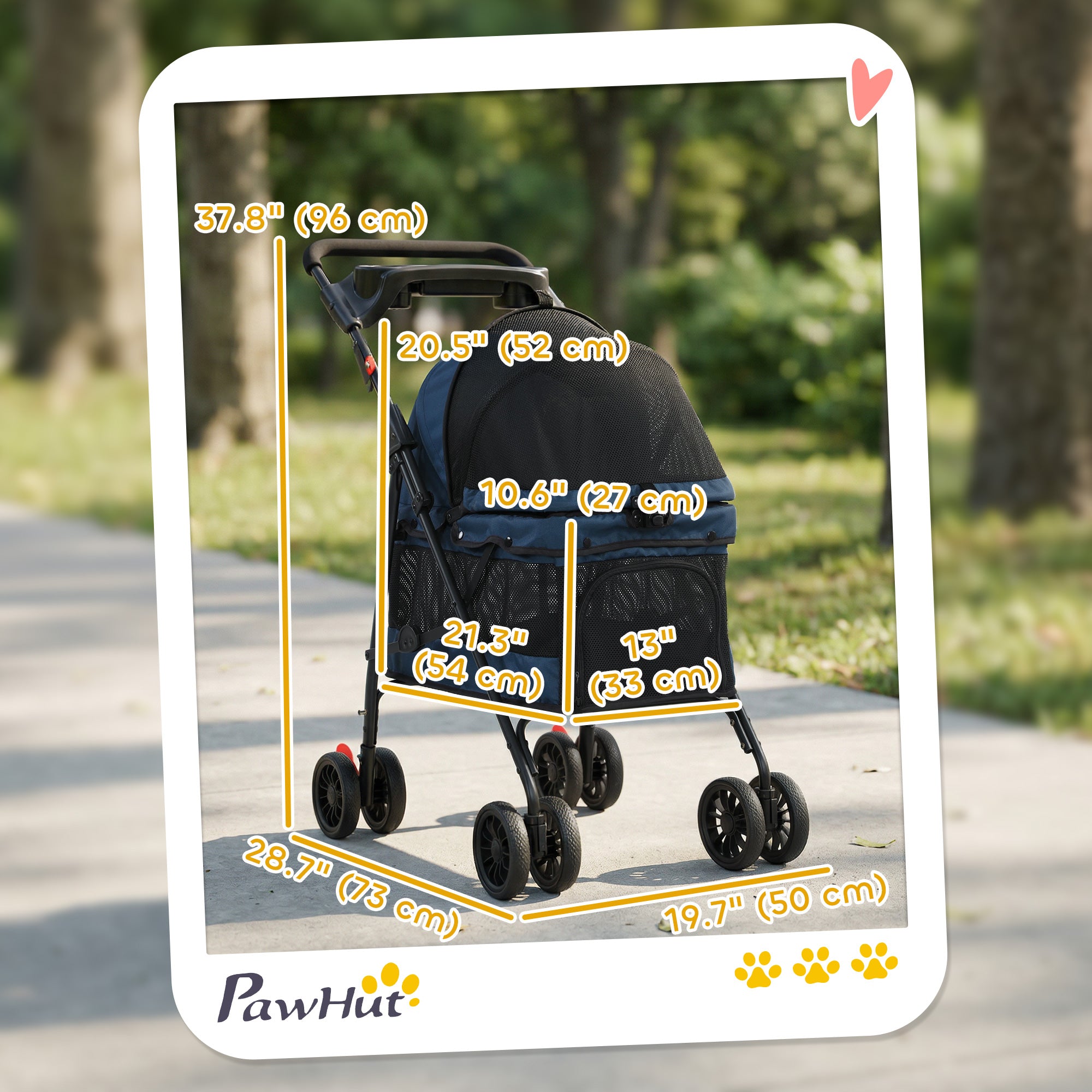 Poussette pliable pour animaux de compagnie, pour petits chiens et chats, à 4 roues, avec fenêtres en maille, frein, coussin amovible, panier de rangement, bleu foncé