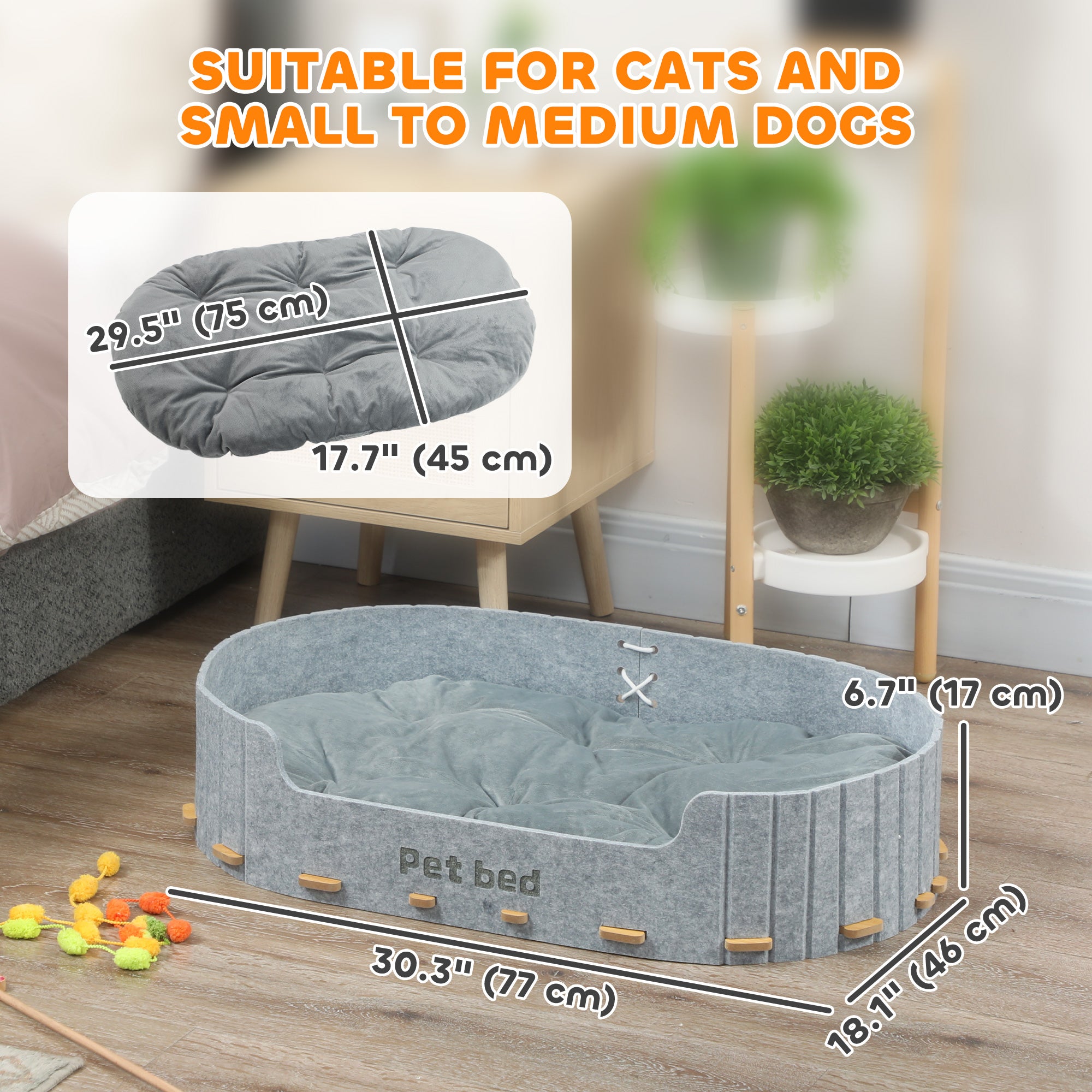 Dog Bed, Cat Bed with Washable Removable Cushion, Scratch-Resistant, Felt Cat Couch Sofa for Small Medium Dogs, Grey-Dogs-DECOROLALA