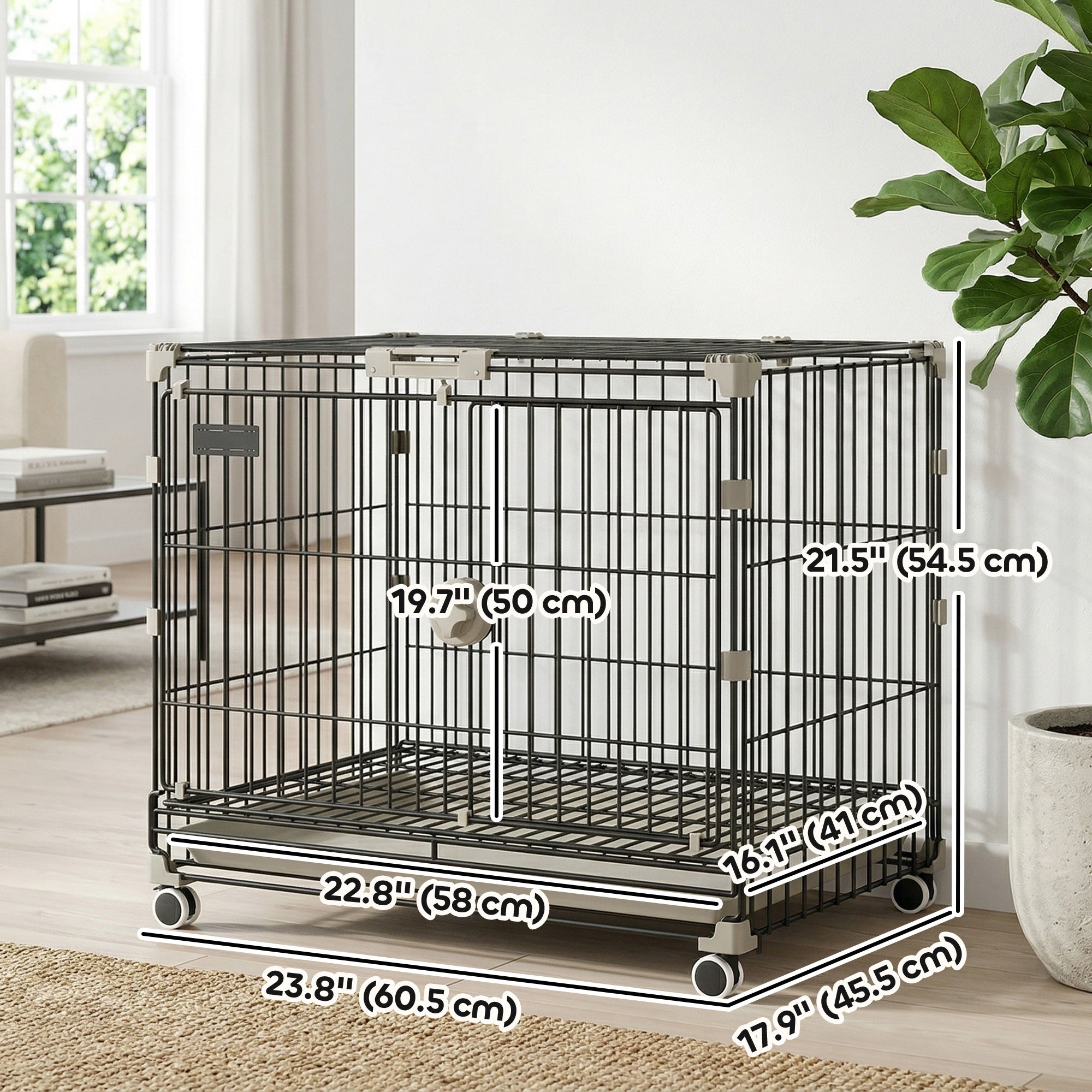 Dog Crate, 24 Inch Metal Dog Cage with Removable Tray, Lockable Wheels, 2 Doors for Small Breeds, Black-Dogs-DECOROLALA