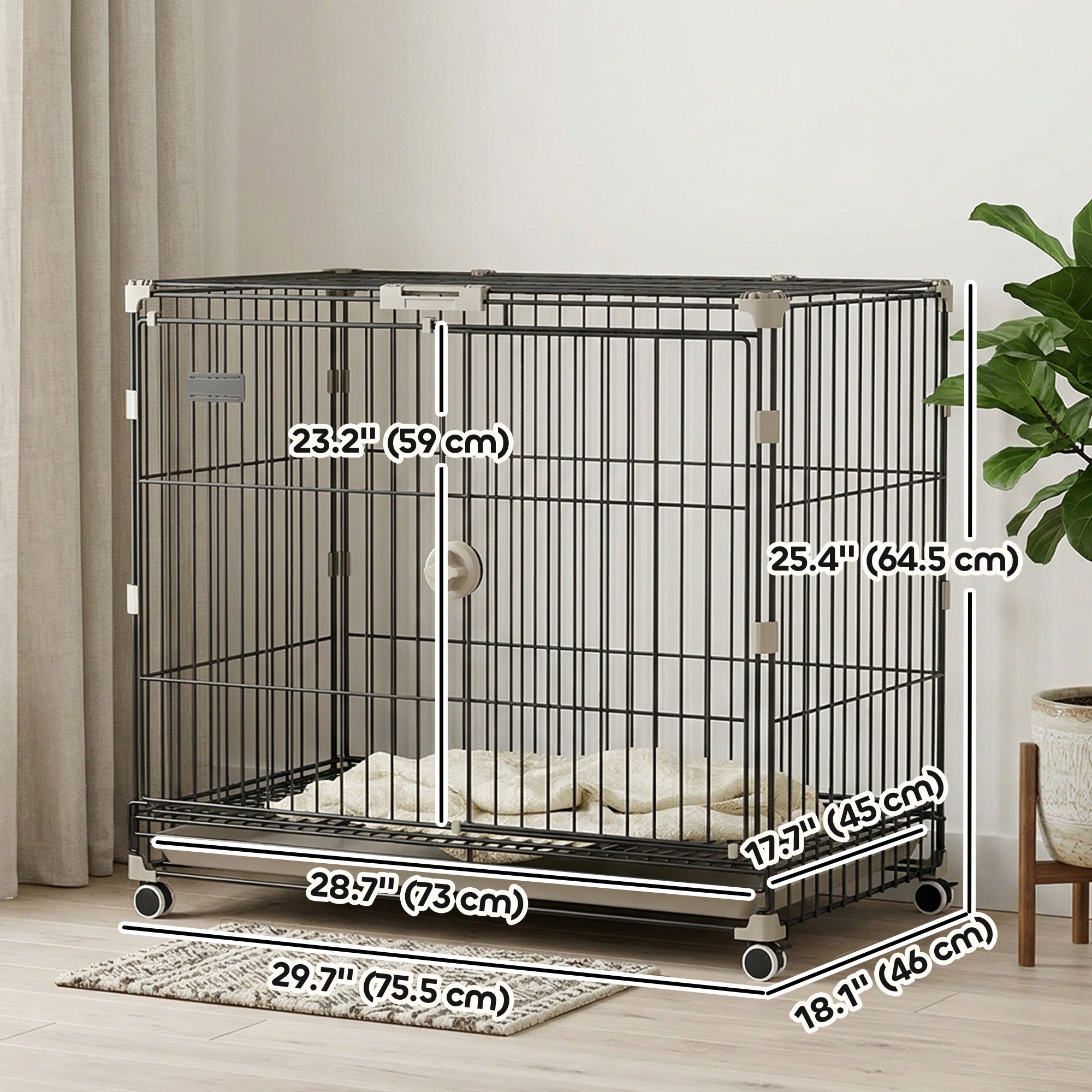 Dog Crate, 30 Inch Metal Dog Cage with Removable Tray, Lockable Wheels, 2 Doors for Small Medium Breeds, Black-Dogs-DECOROLALA
