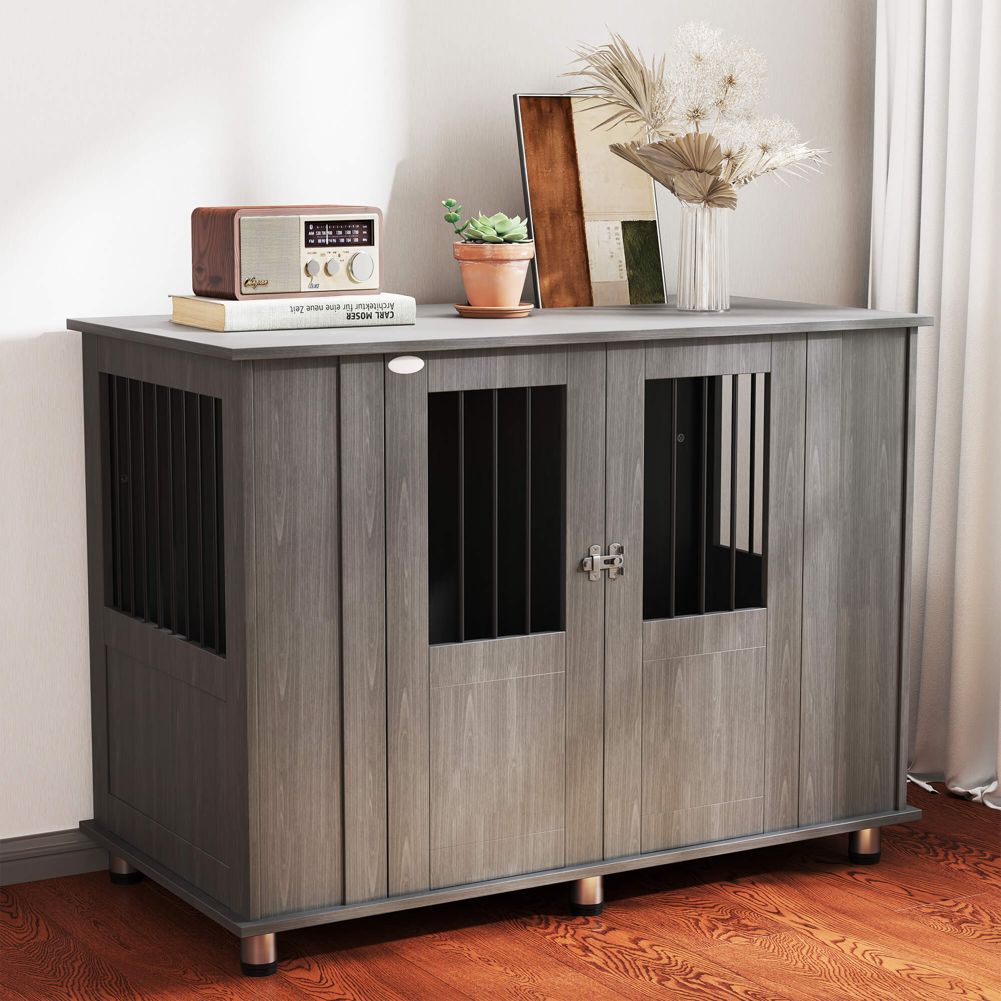 Dog Crate Furniture End Table with Magnetic Door - Grey-DECOROLALA