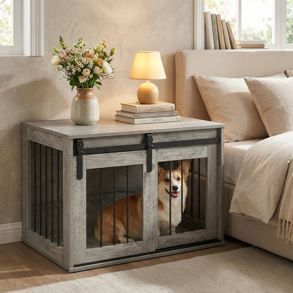 Dog Crate Furniture Heavy Duty Dog Kennel with Sliding Barn Door-Gray-Dog Kennels-DECOROLALA