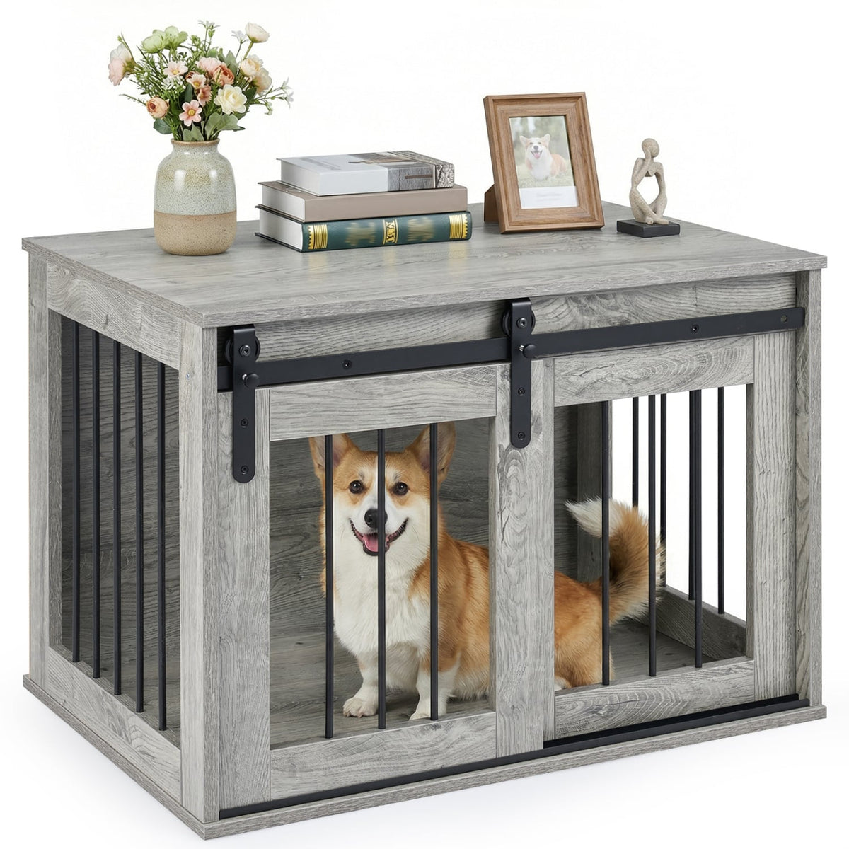 Dog Crate Furniture Heavy Duty Dog Kennel with Sliding Barn Door-Gray-Dog Kennels-DECOROLALA