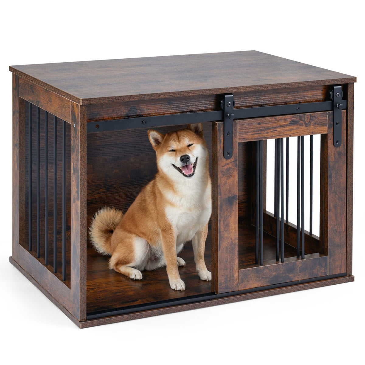 Dog Crate Furniture Heavy Duty Dog Kennel with Sliding Barn Door-RusticBrown-Dog Kennels-DECOROLALA