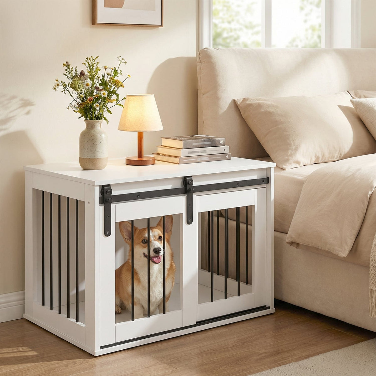 Dog Crate Furniture Heavy Duty Dog Kennel with Sliding Barn Door-White-Dog Kennels-DECOROLALA
