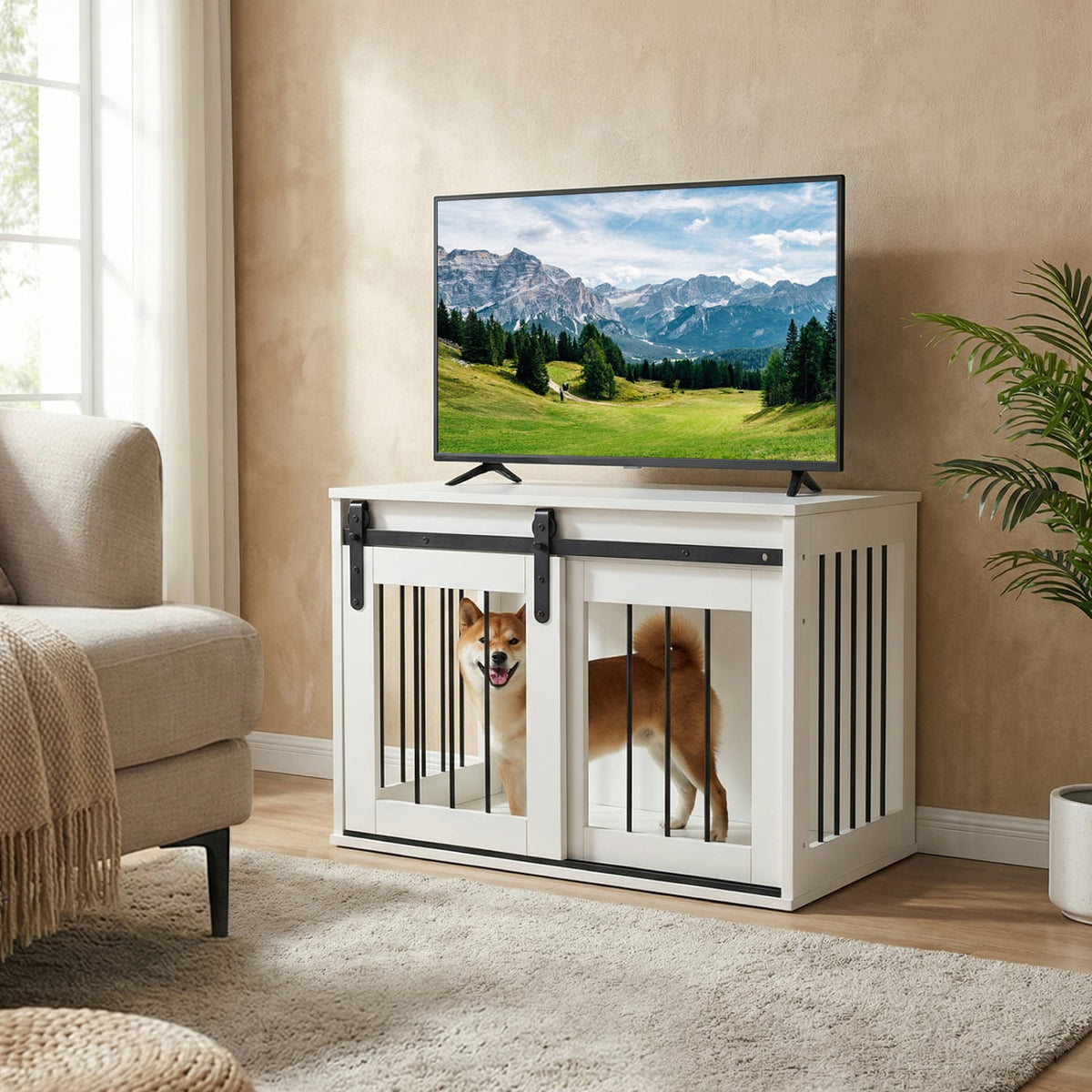 Dog Crate Furniture Heavy Duty Dog Kennel with Sliding Barn Door-White-Dog Kennels-DECOROLALA