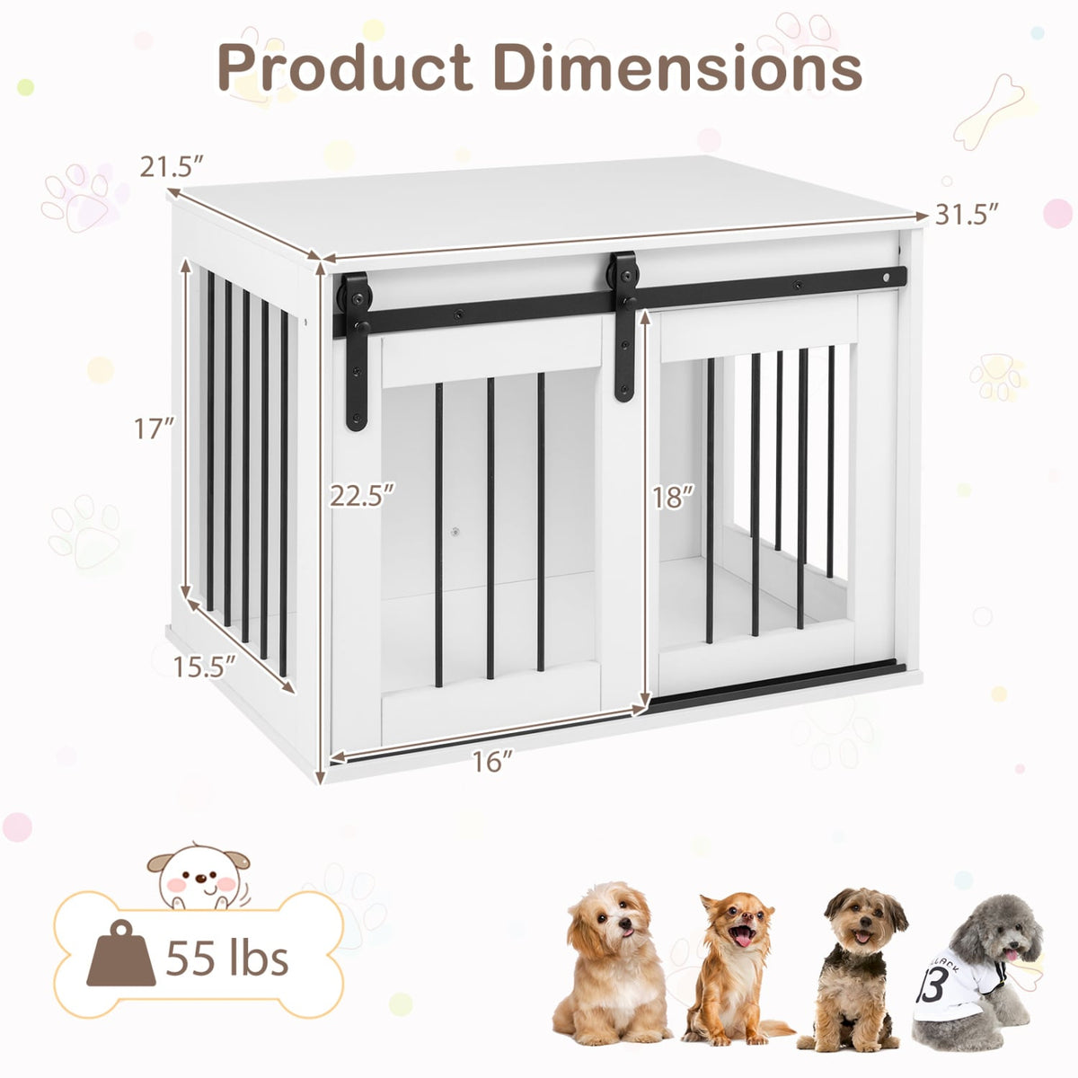 Dog Crate Furniture Heavy Duty Dog Kennel with Sliding Barn Door-White-Dog Kennels-DECOROLALA