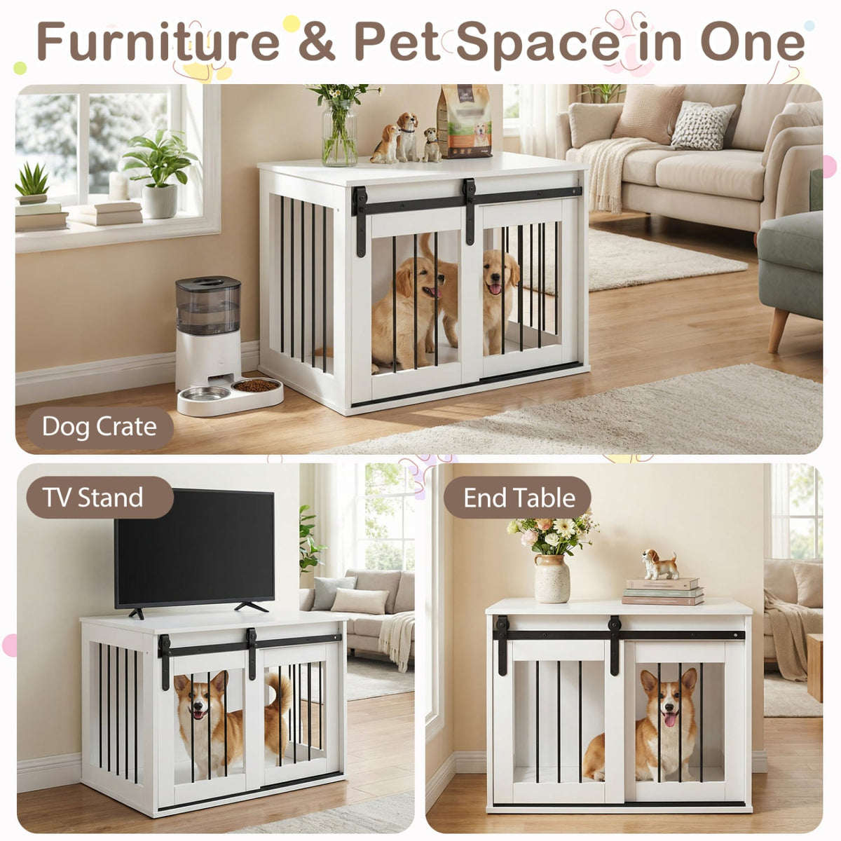 Dog Crate Furniture Heavy Duty Dog Kennel with Sliding Barn Door-White-Dog Kennels-DECOROLALA