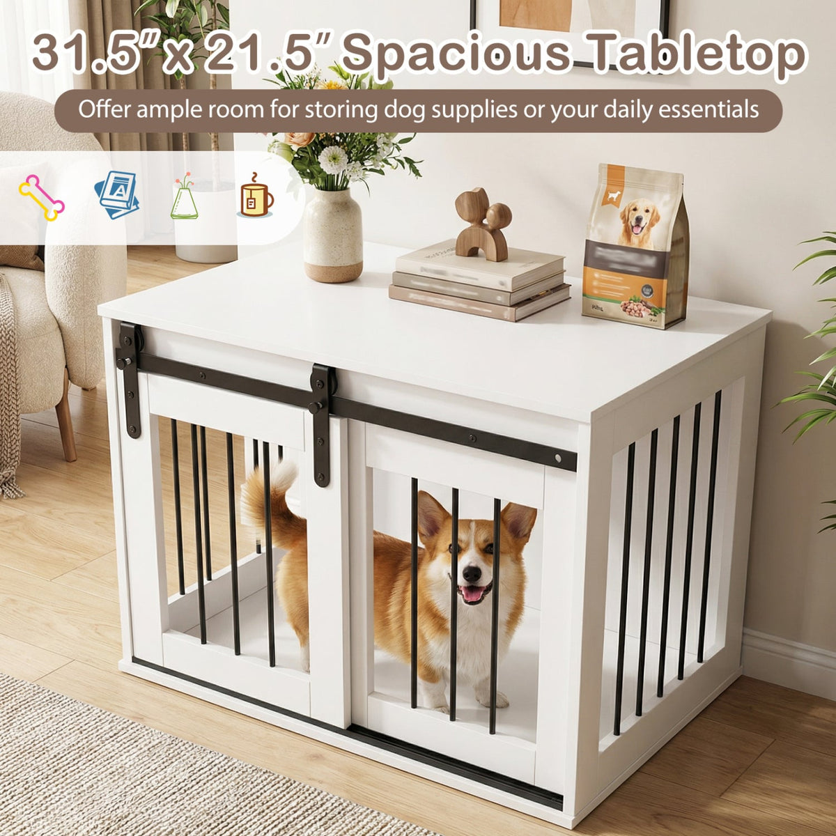 Dog Crate Furniture Heavy Duty Dog Kennel with Sliding Barn Door-White-Dog Kennels-DECOROLALA