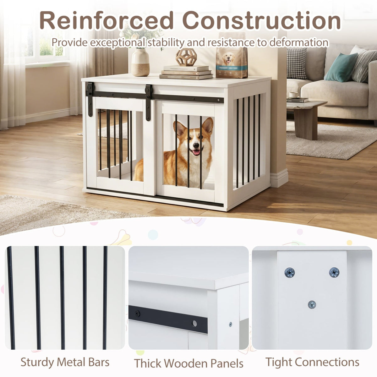 Dog Crate Furniture Heavy Duty Dog Kennel with Sliding Barn Door-White-Dog Kennels-DECOROLALA